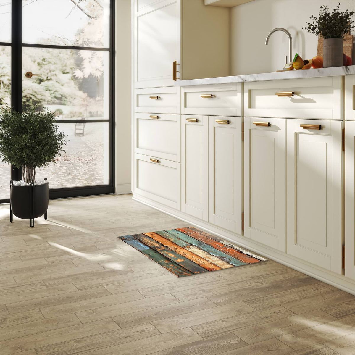 Rutschfester Küchenteppich mit Motiv Antike Holzplanken in heller Küche, einfach zu reinigen