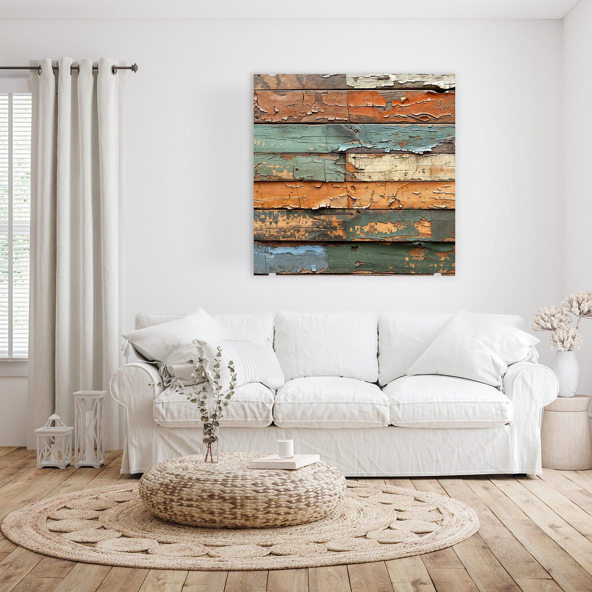 Glasbild Antike Holzplanken an der Wand – Waagerechte alte Bretter mit stark abblätternder Farbe in Orange, Grün, Blau und Creme