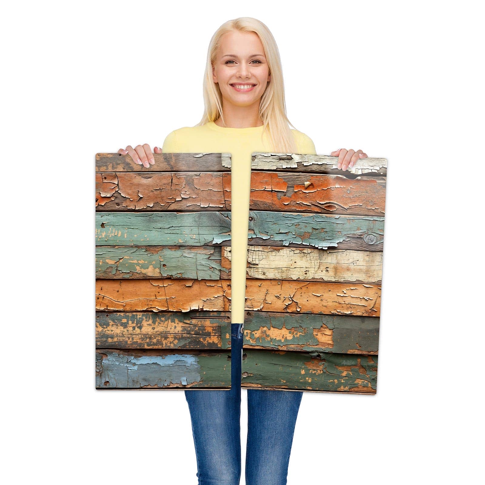 2-teilige Herdabdeckplatte mit Antike Holzplanken-Motiv wird zur Größendarstellung gehalten