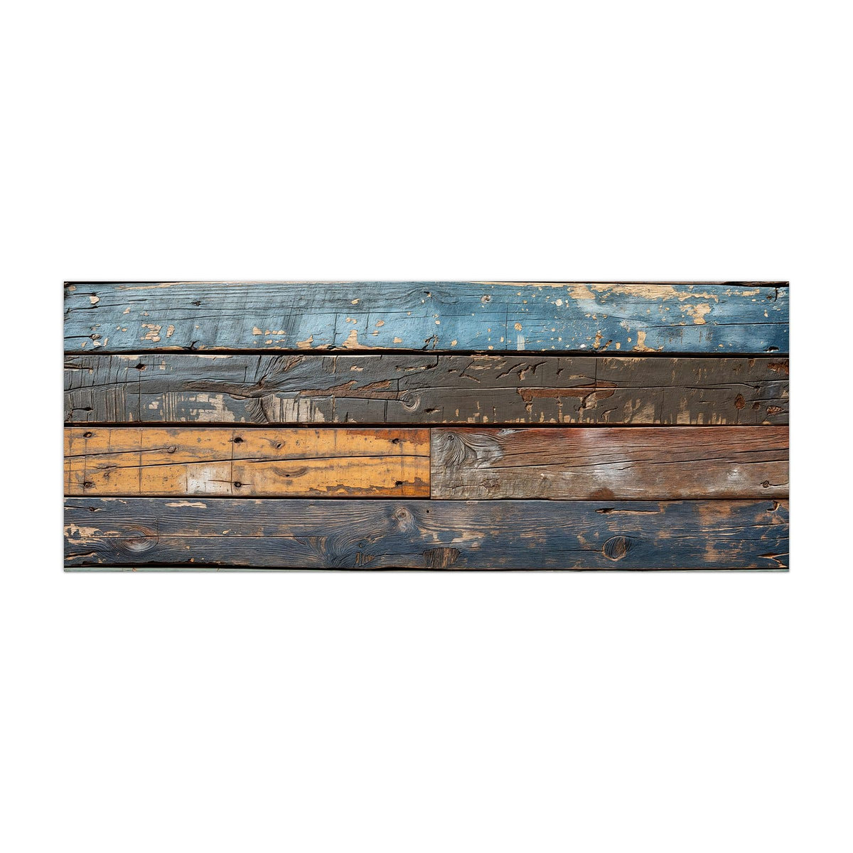Küchenrückwand aus Glas Planken in Blau und Rost im Hochformat, Motiv bildfüllend von vorn