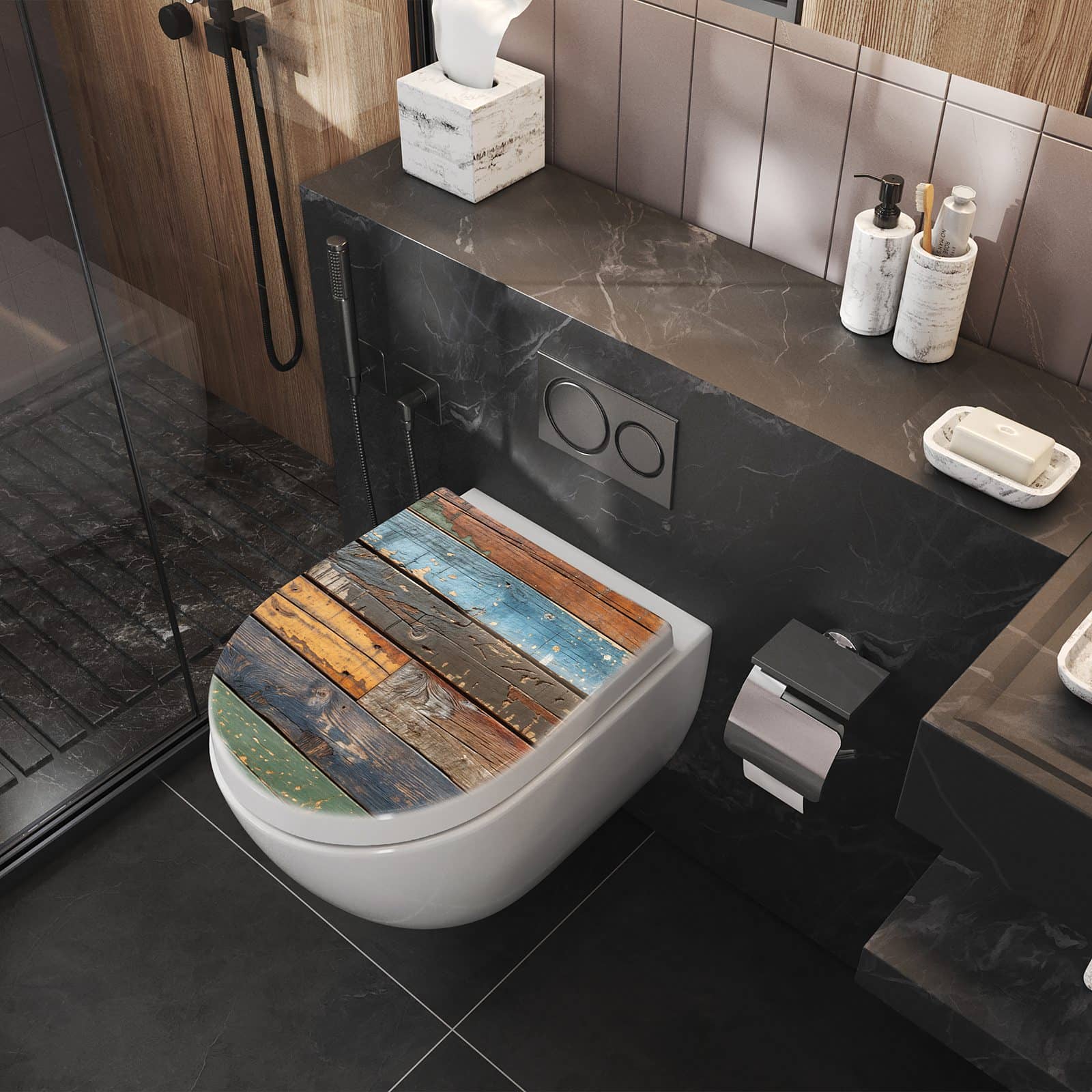WC-Sitz mit Absenkautomatik Bunte Holzplatte