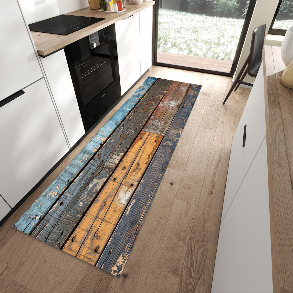 Waschbarer Küchenläufer mit Motiv Bunte Holzplatte in moderner Küche für sichere Aufbewahrung