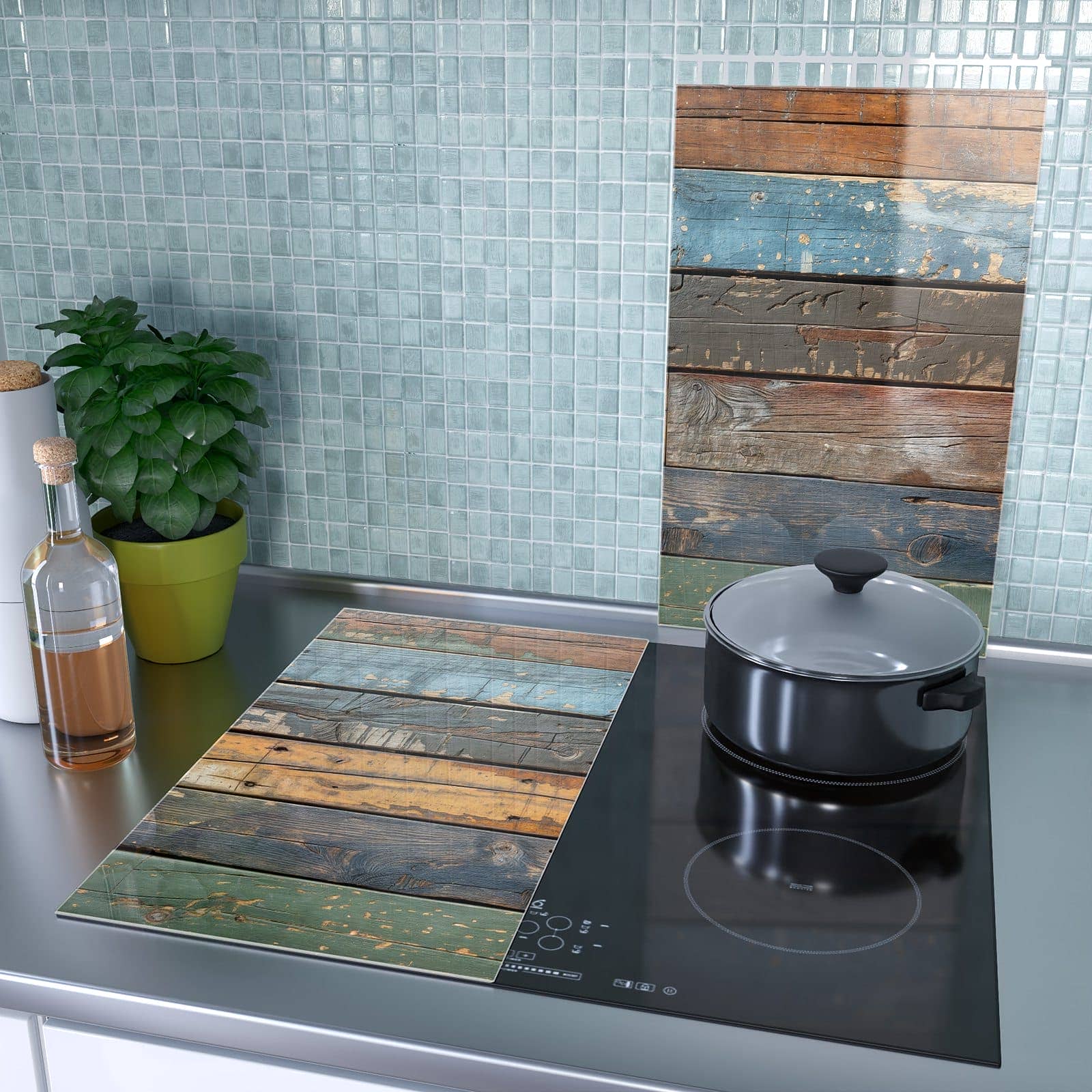 2-teilige Abdeckplatten mit Bunte Holzplatte-Motiv als Spritzschutz hinter dem Kochfeld