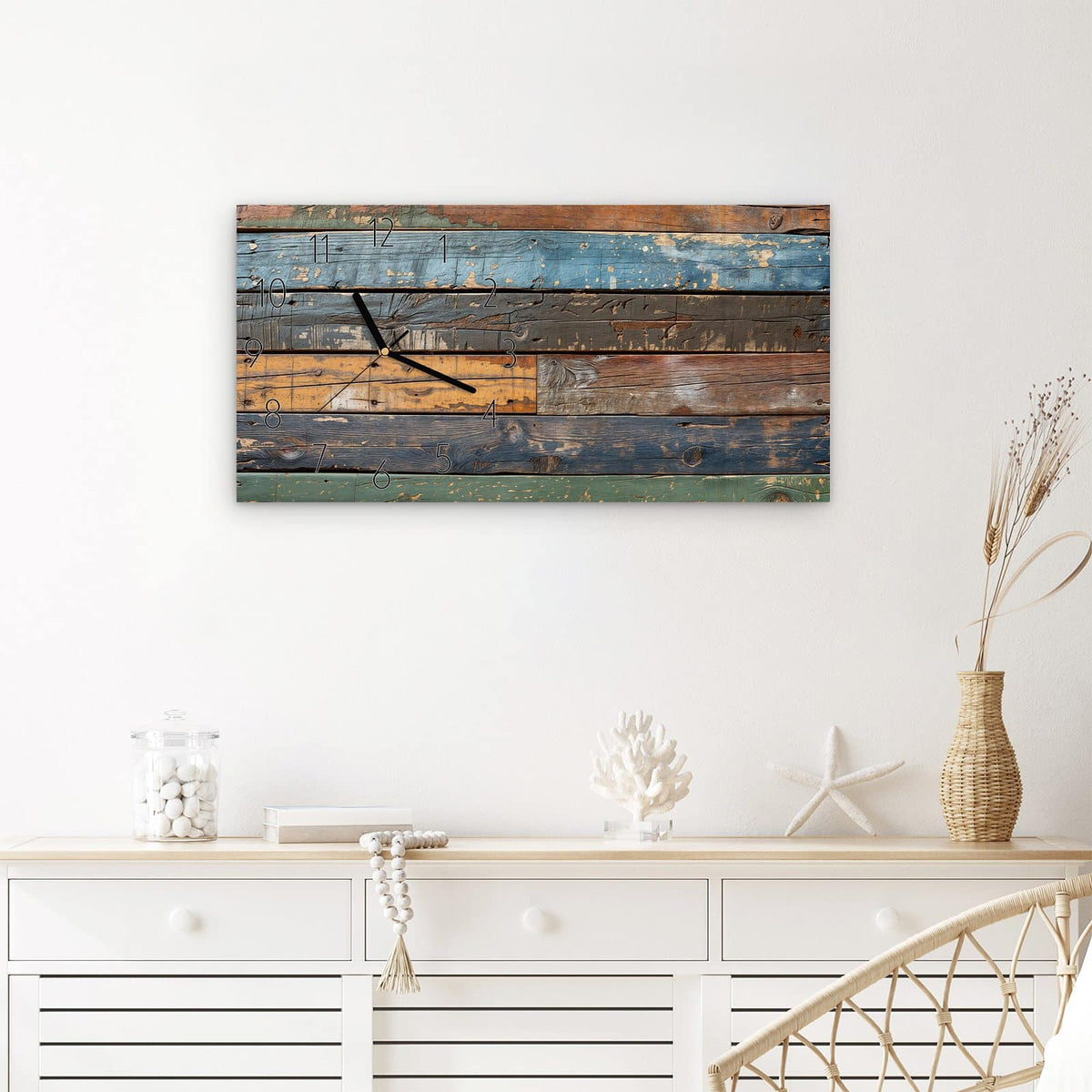 Wanduhr Bunte Holzplatte aus Glas – Querformat 60 × 30 cm – Verwitterte Planken in Blau und Rost