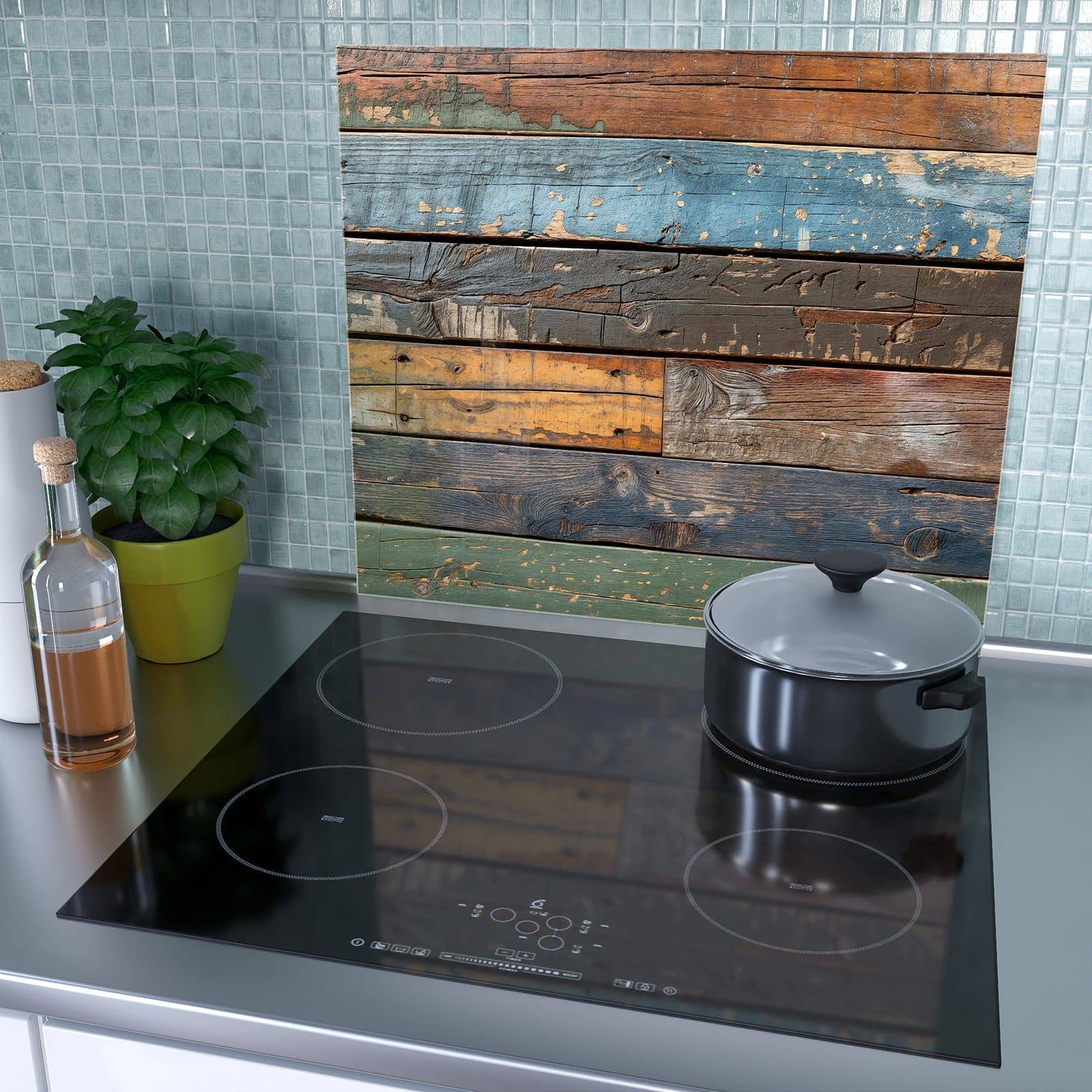 1-teilige Herdabdeckplatten mit Bunte Holzplatte-Motiv als Spritzschutz hinter dem Kochfeld