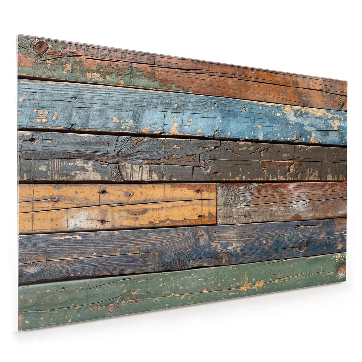 Küchenrückwand aus Glas im Hochformat: Waagerechte verwitterte Planken in Blau, Rostorange, Gelb und Grün