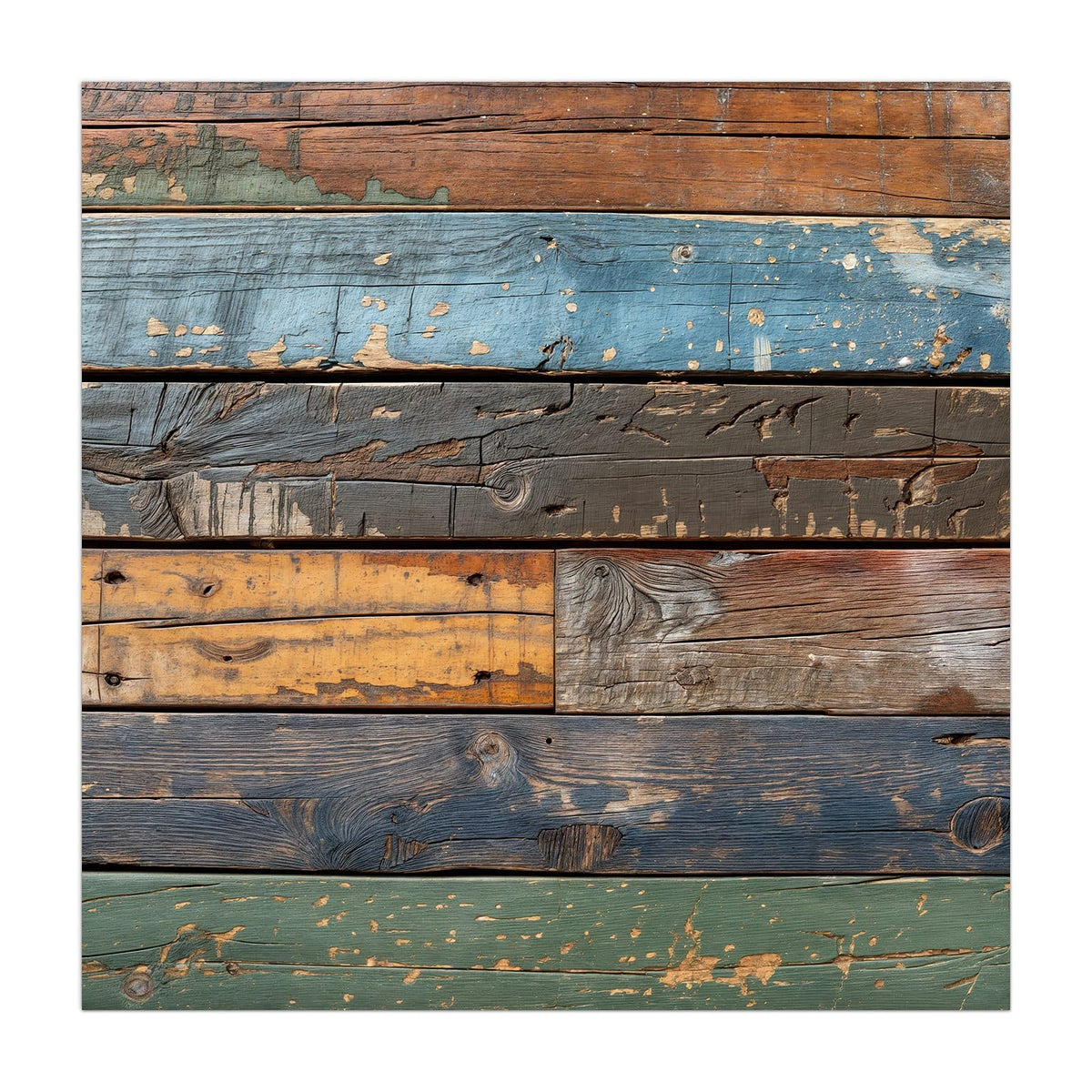 Küchenrückwand aus Glas Planken in Blau und Rost im quadratischen Format, Motiv bildfüllend von vorn