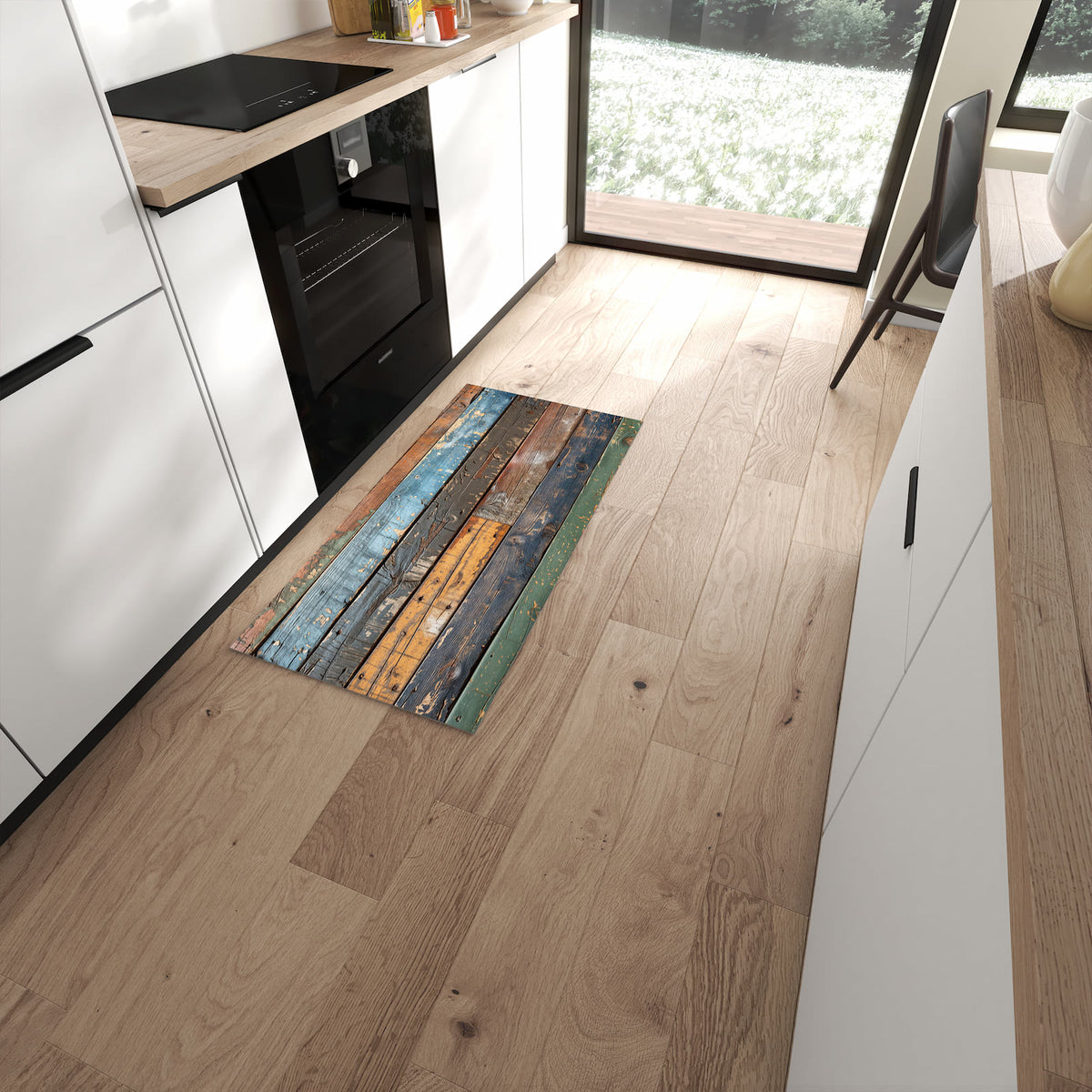 Langlebiger Küchenläufer mit Motiv Bunte Holzplatte in moderner Küche #grösse_60 x 120 cm