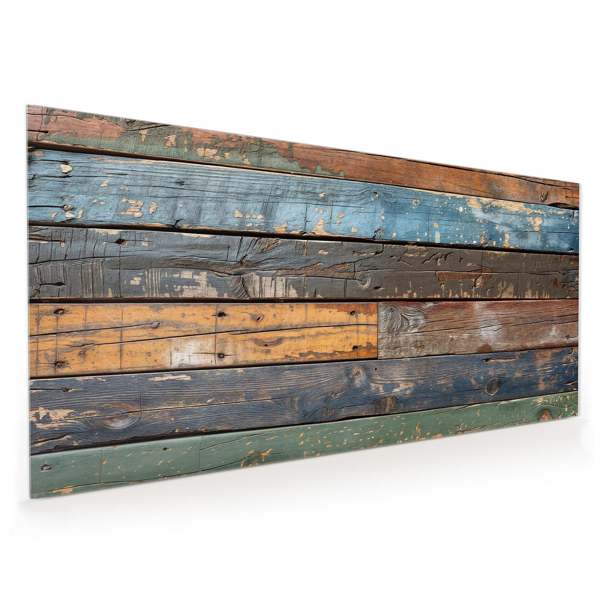 Küchenrückwand aus Glas im Hochformat: Waagerechte verwitterte Planken in Blau, Rostorange, Gelb und Grün