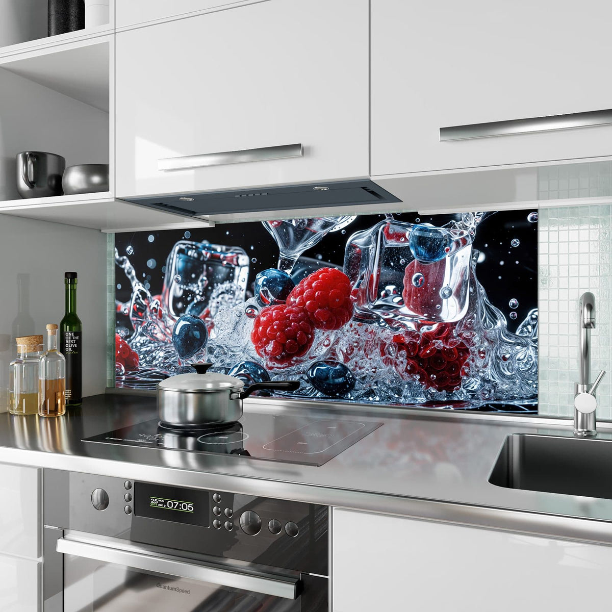 Küchenrückwand aus Glas Eisgekühlte Beeren im Hochformat als Spritzschutz hinter dem Kochfeld, über dem Fliesenspiegel montiert