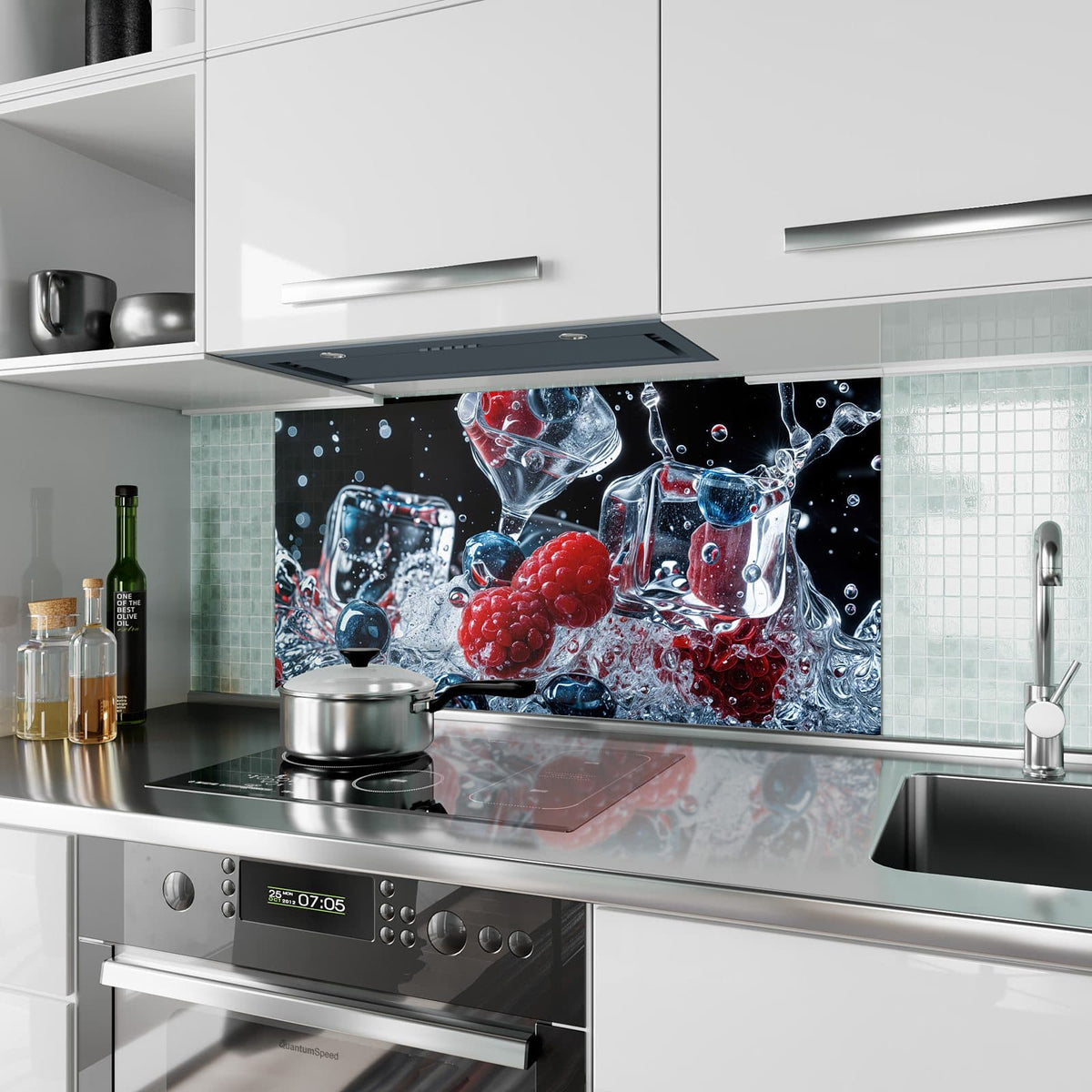 Küchenrückwand aus Glas Eisgekühlte Beeren im Hochformat als Spritzschutz hinter dem Kochfeld, über dem Fliesenspiegel montiert