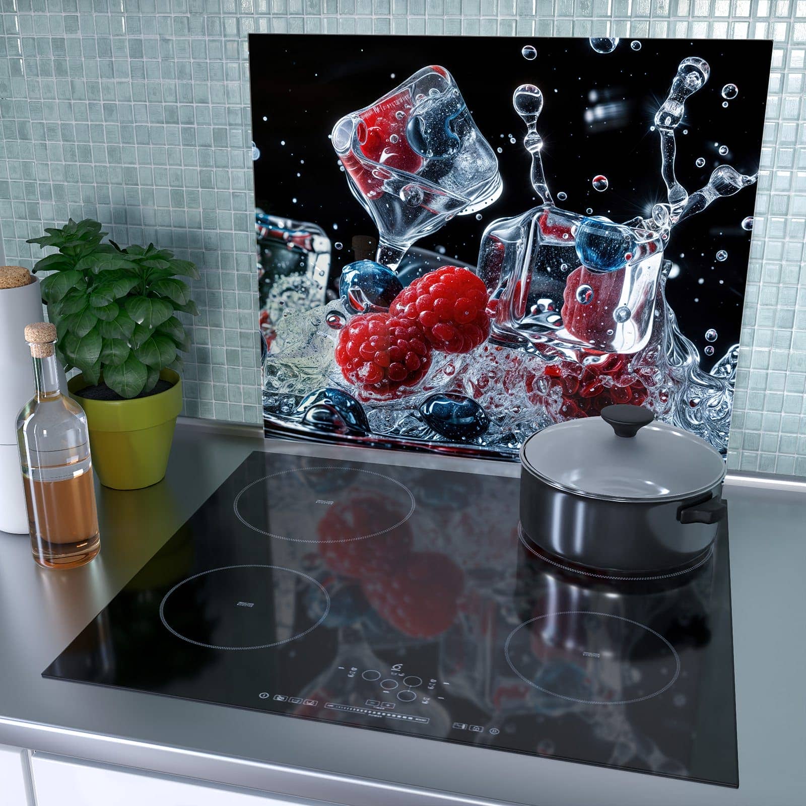 1-teilige Abdeckung für Herdplatten mit Beeren Eiswürfel-Motiv als Spritzschutz hinter dem Kochfeld