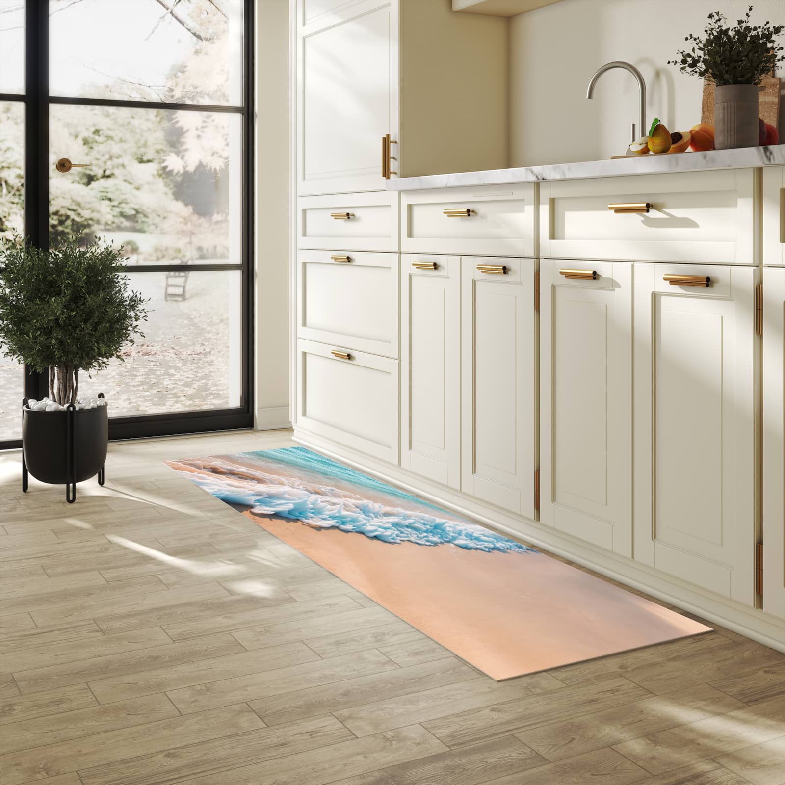 Zeitsparender Küchenteppich mit Motiv Strand Surf Wellen in heller Küche - leicht waschbar