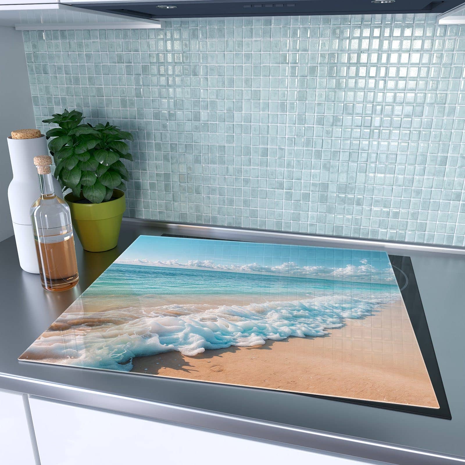 1-teilige Herdabdeckplatte Induktion mit Strand Surf Wellen-Motiv auf dem Ceranfeld