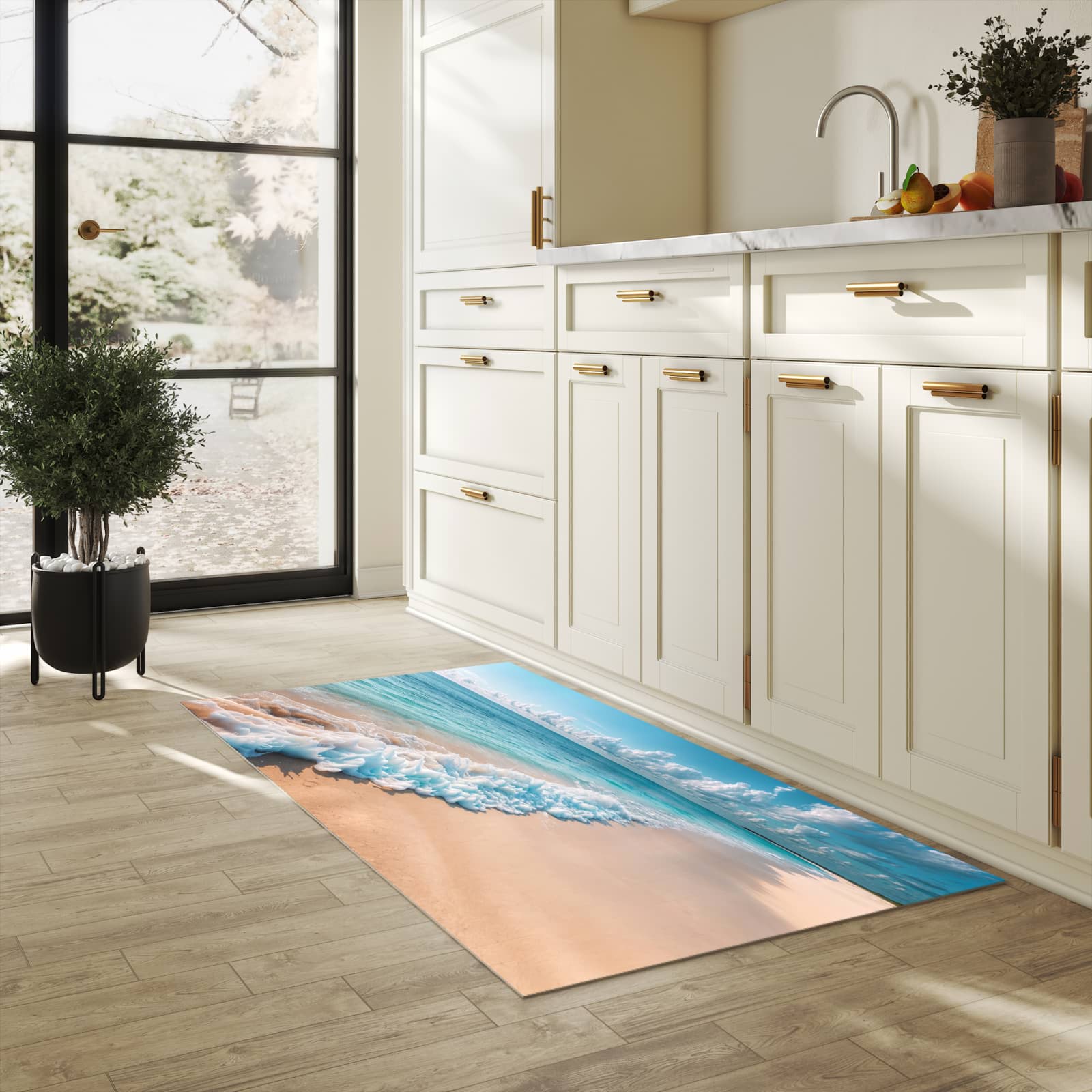 Geruchsneutraler rutschfester Küchenläufer mit Motiv Strand Surf Wellen in heller Küche