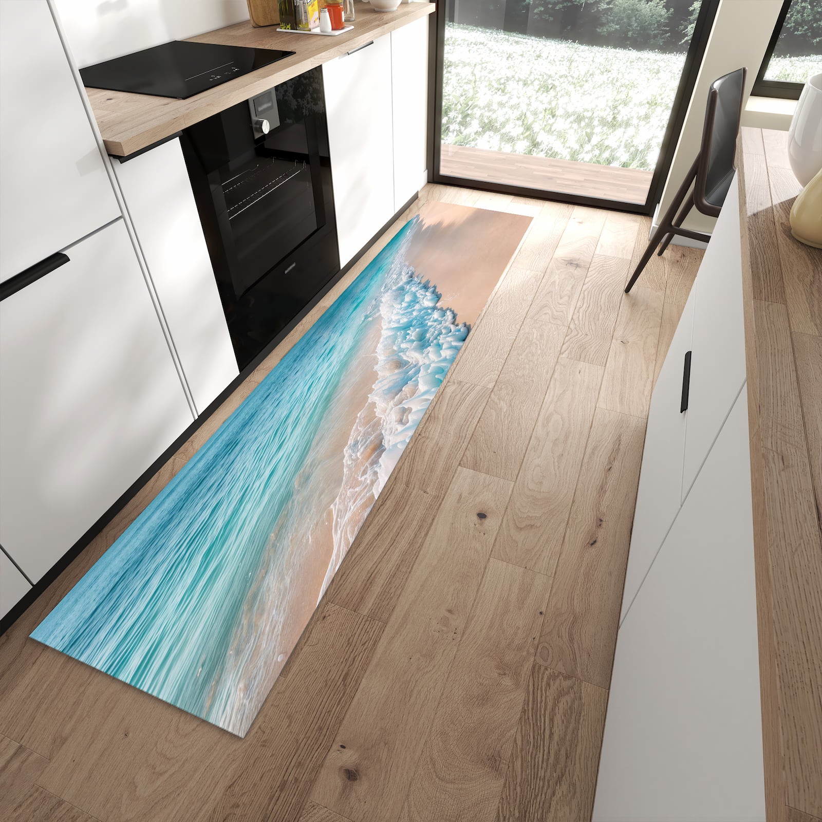Farbbeständiger Läufer für den Eingangsbereich mit Motiv Strand Surf Wellen in moderner Küche