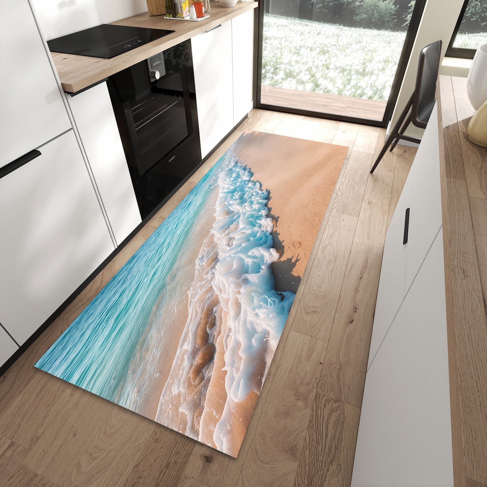 Wasserabweisender Bodenläufer mit Motiv Strand Surf Wellen in moderner Küche