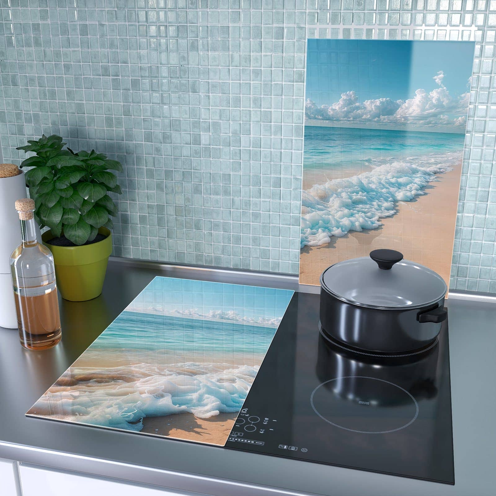 1-teilige Herdabdeckplatte mit Strand Surf Wellen-Motiv als Spritzschutz hinter dem Kochfeld
