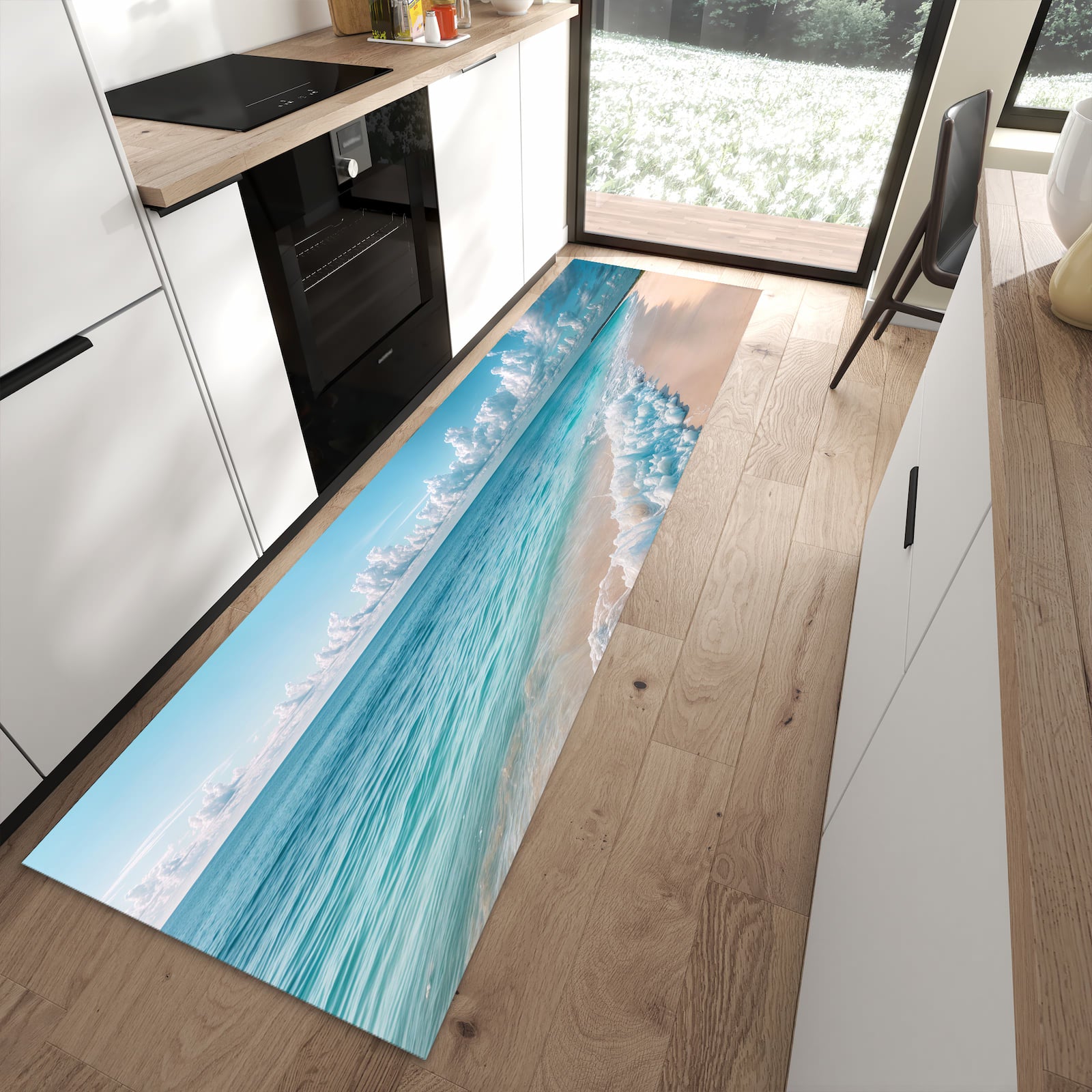 Abriebfester waschbarer Teppich fürs Esszimmer mit Motiv Strand Surf Wellen in moderner Küche