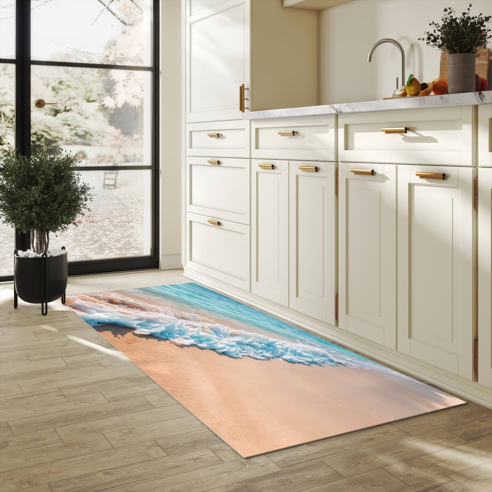 Langlebiger rutschfester Küchenläufer mit Motiv Strand Surf Wellen in heller Küche