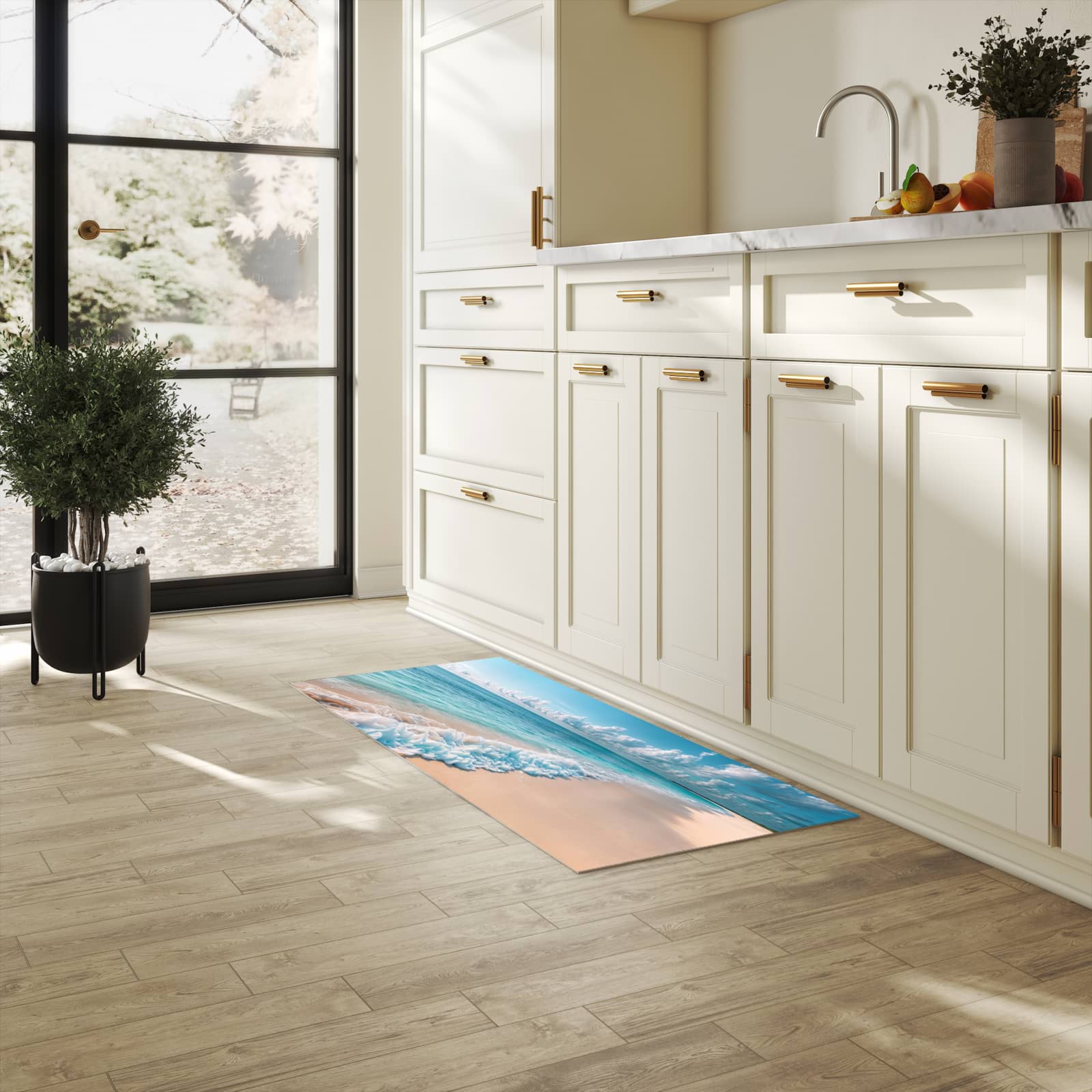 Formstabiler rutschfester Küchenteppich mit Motiv Strand Surf Wellen in heller Küche