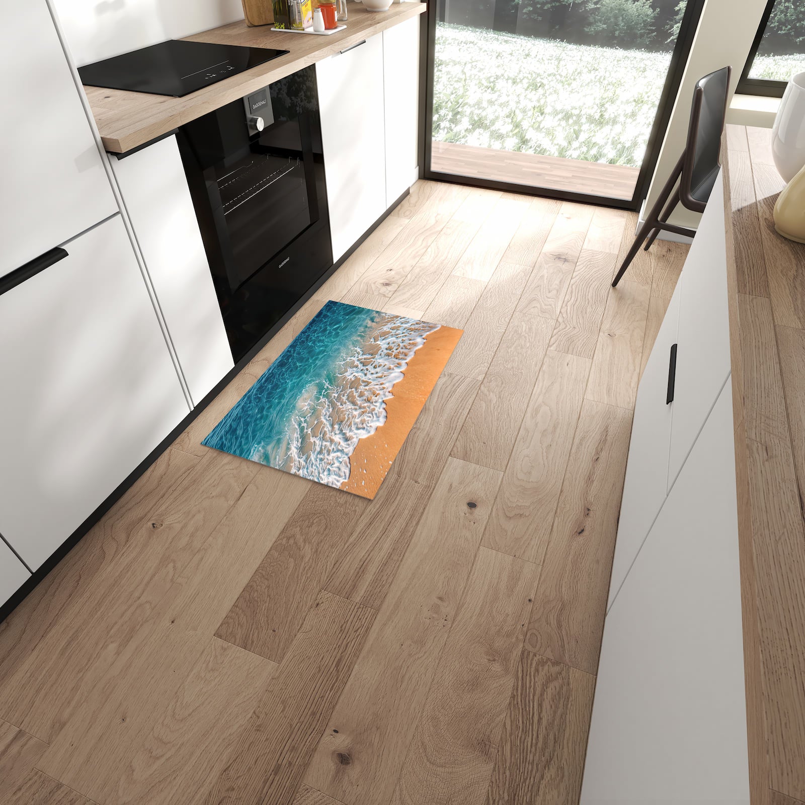 Pflegeleichter Küchenläufer mit Motiv Strand und Wellen in moderner Küche