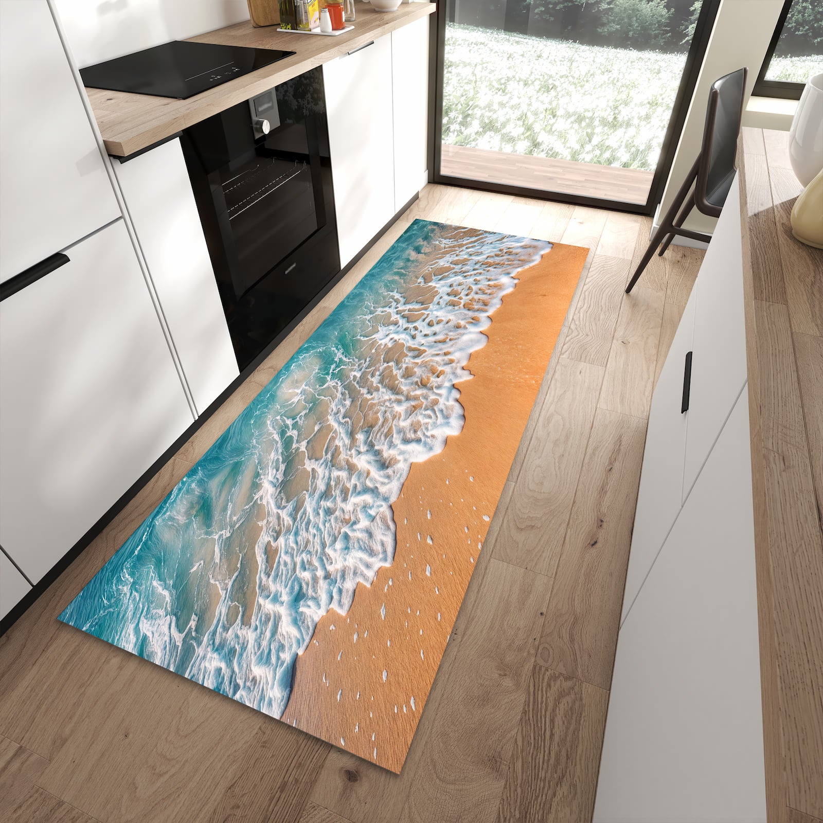 Rutschfester Küchenläufer mit Motiv Strand und Wellen in moderner Küche