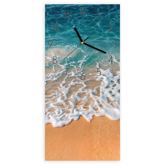 Wanduhr Strand und Wellen aus Glas – Hochformat 30 × 60 cm mit Ziffernblatt Elegant