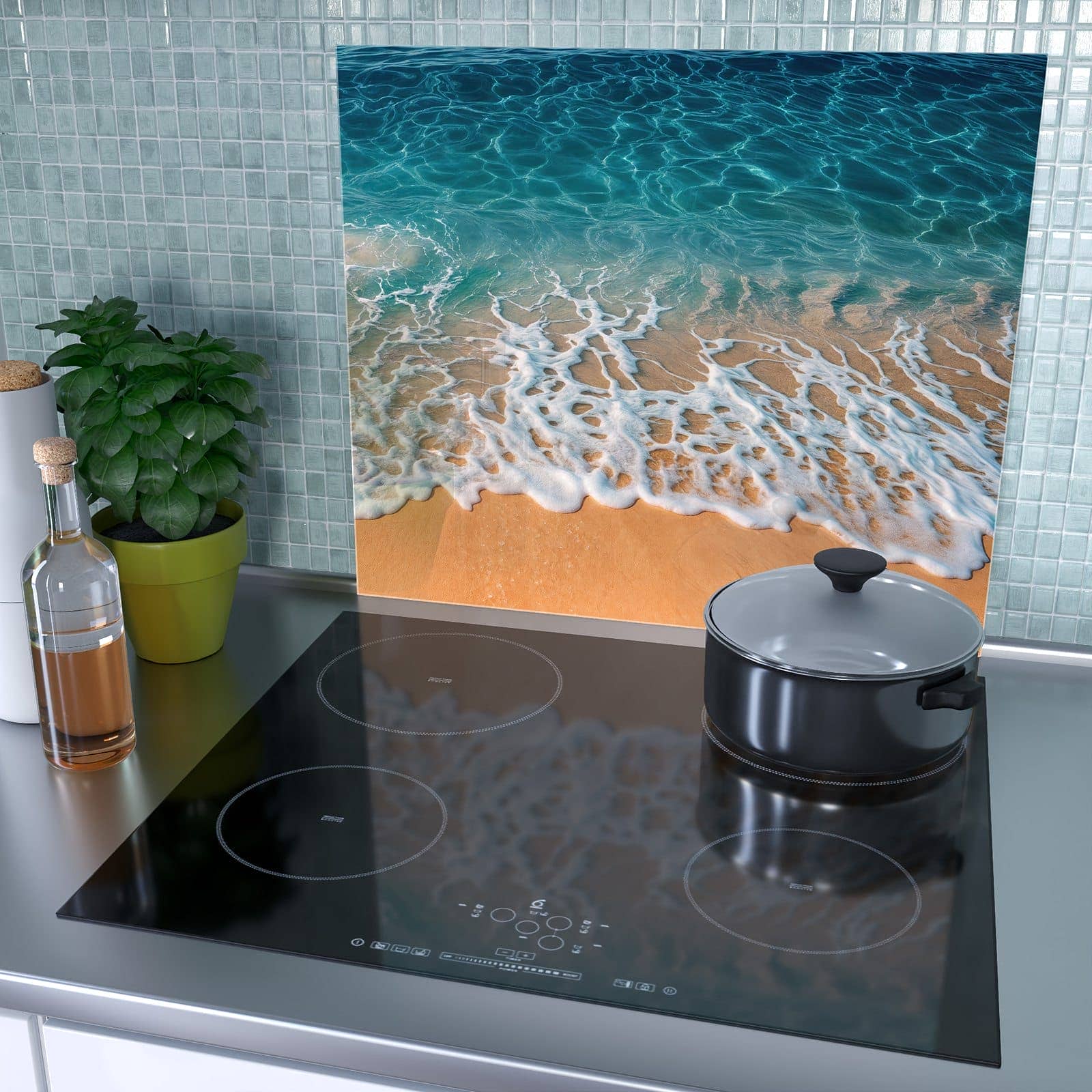 1-teilige Herdabdeckplatte aus Glas mit Strand und Wellen-Motiv als Spritzschutz hinter dem Kochfeld