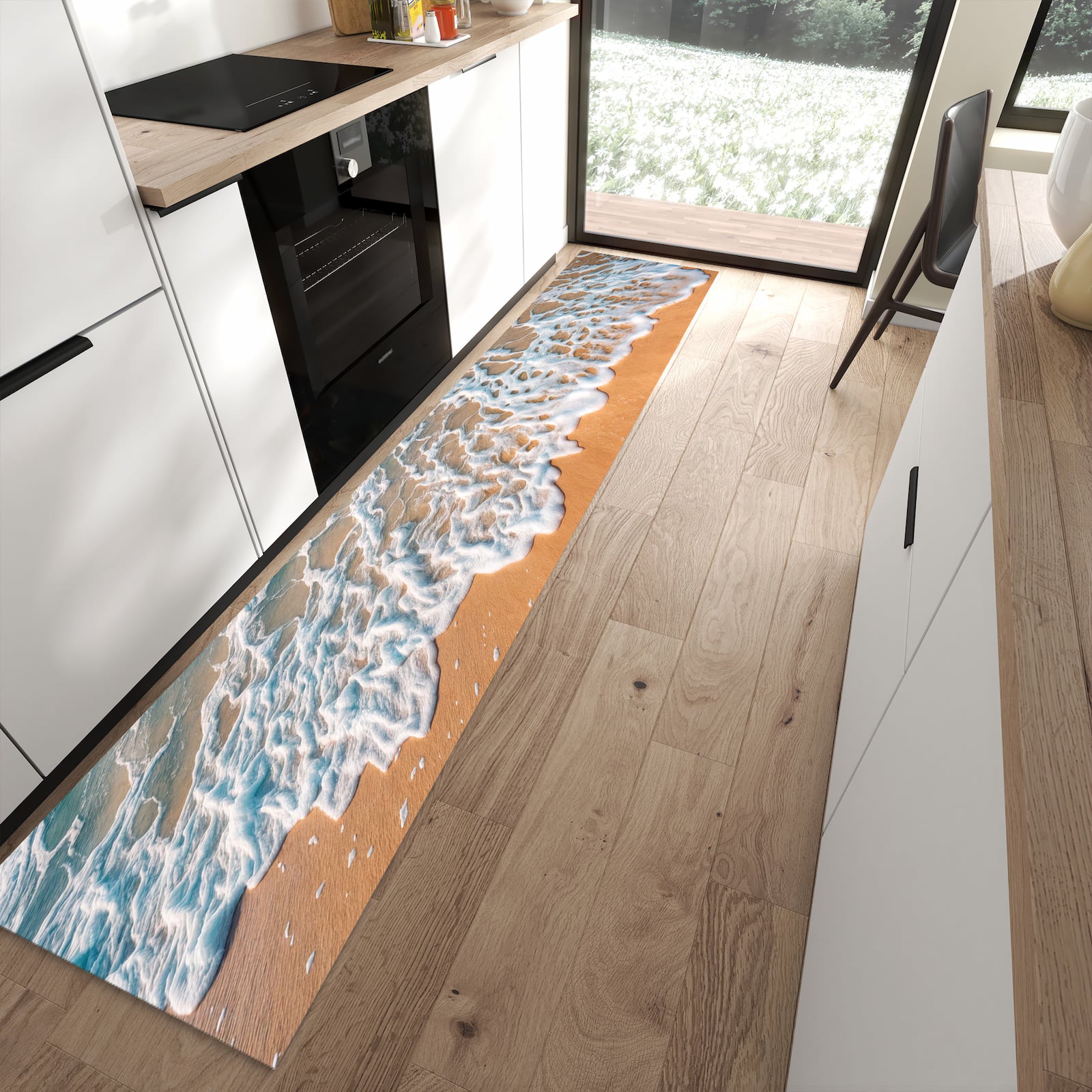 Rutschfester Küchenläufer mit Motiv Strand und Wellen in moderner Küche