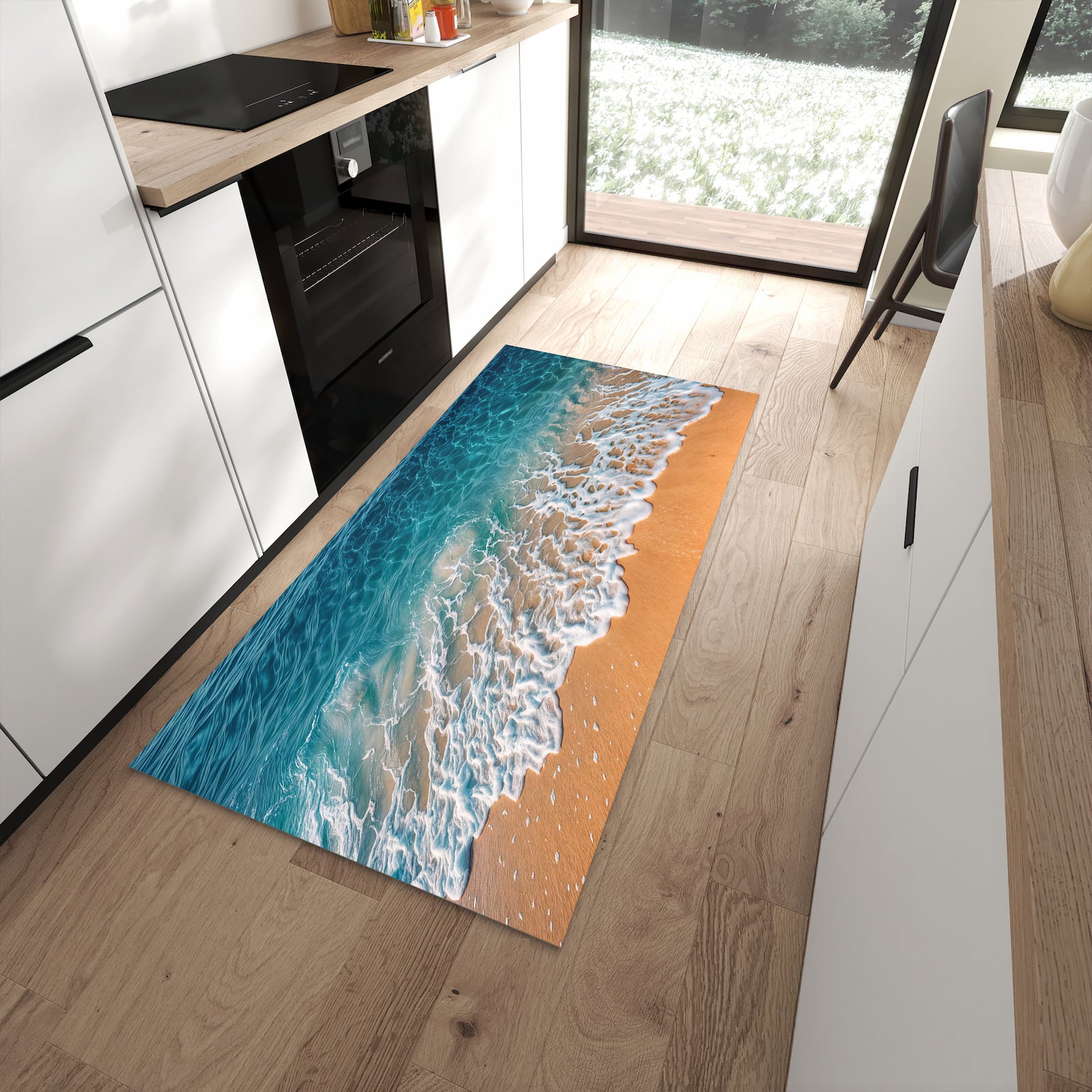 Langlebiger Küchenläufer mit Motiv Strand und Wellen in moderner Küche