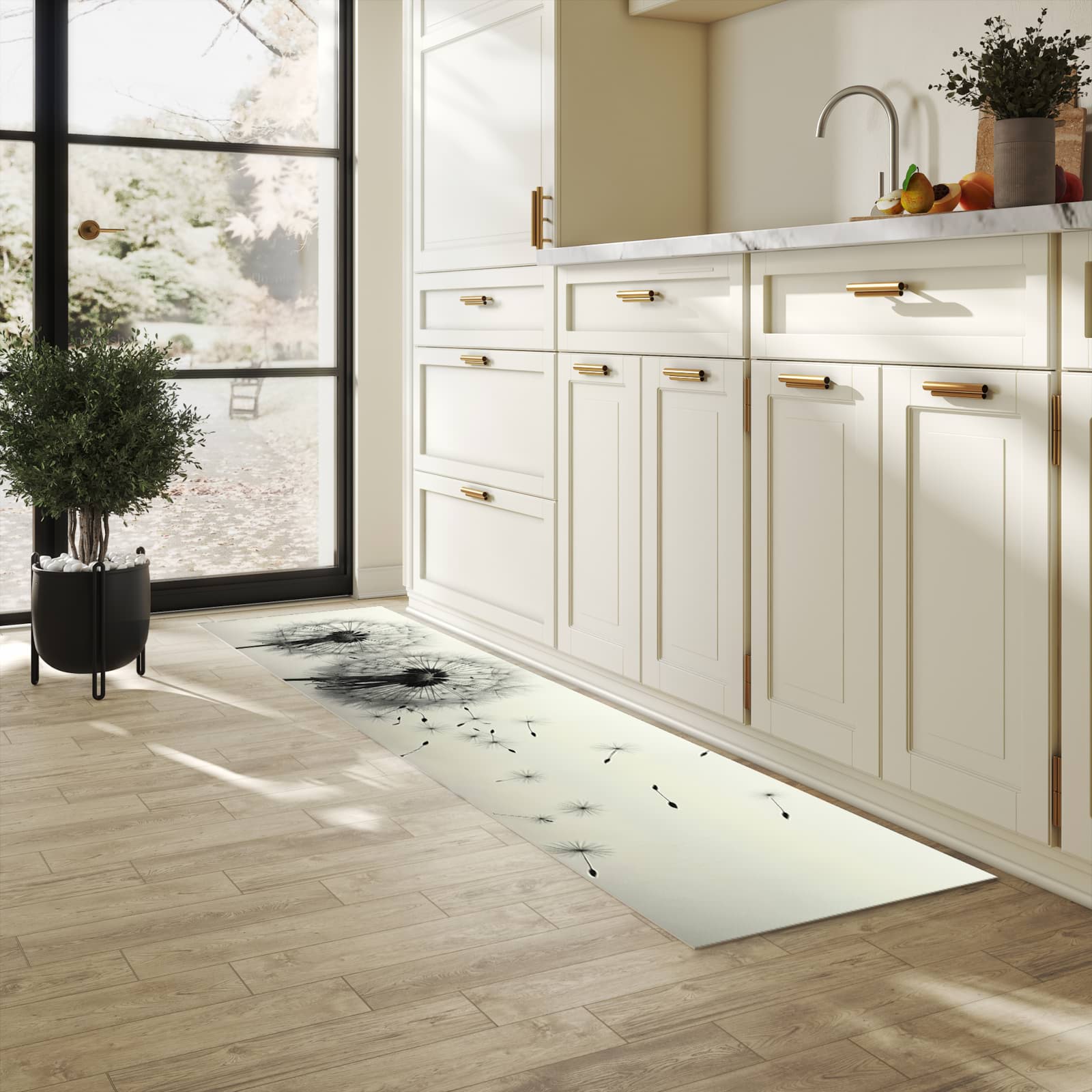 UV-beständiger Küchenläufer mit Motiv Pusteblume Schwarz in heller Küche