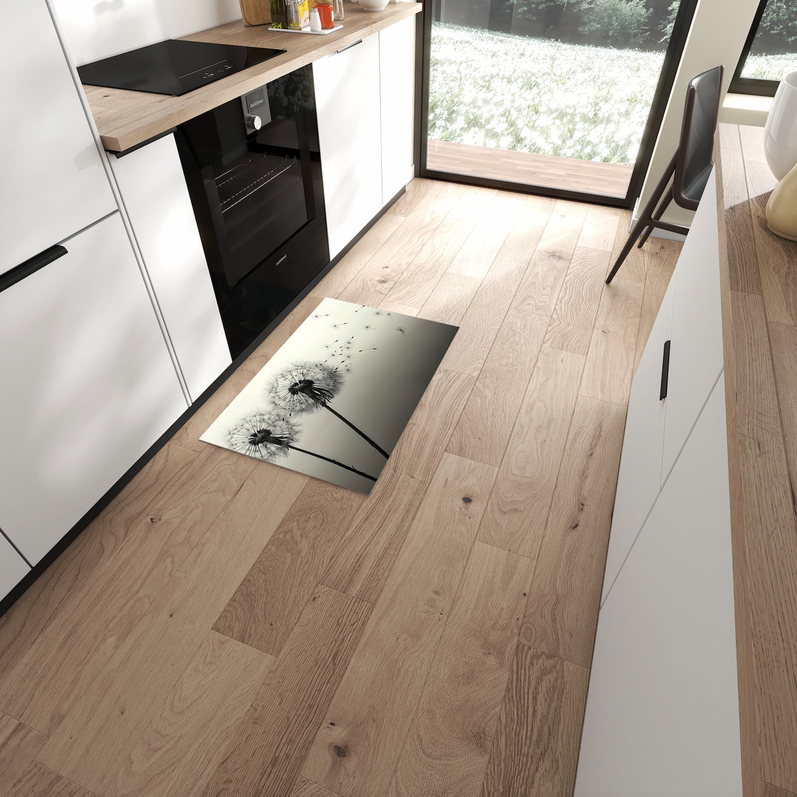 Geräuschdämpfender waschbarer Küchenläufer mit Motiv Pusteblume Schwarz in moderner Küche