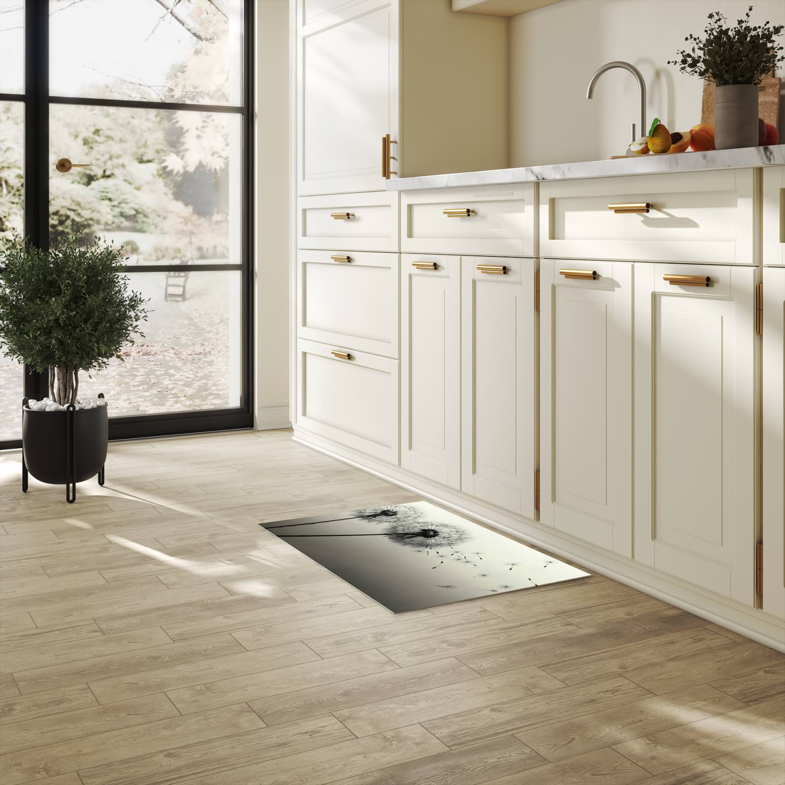 Wasserabweisender Küchenvorleger mit Motiv Pusteblume Schwarz in heller Küche