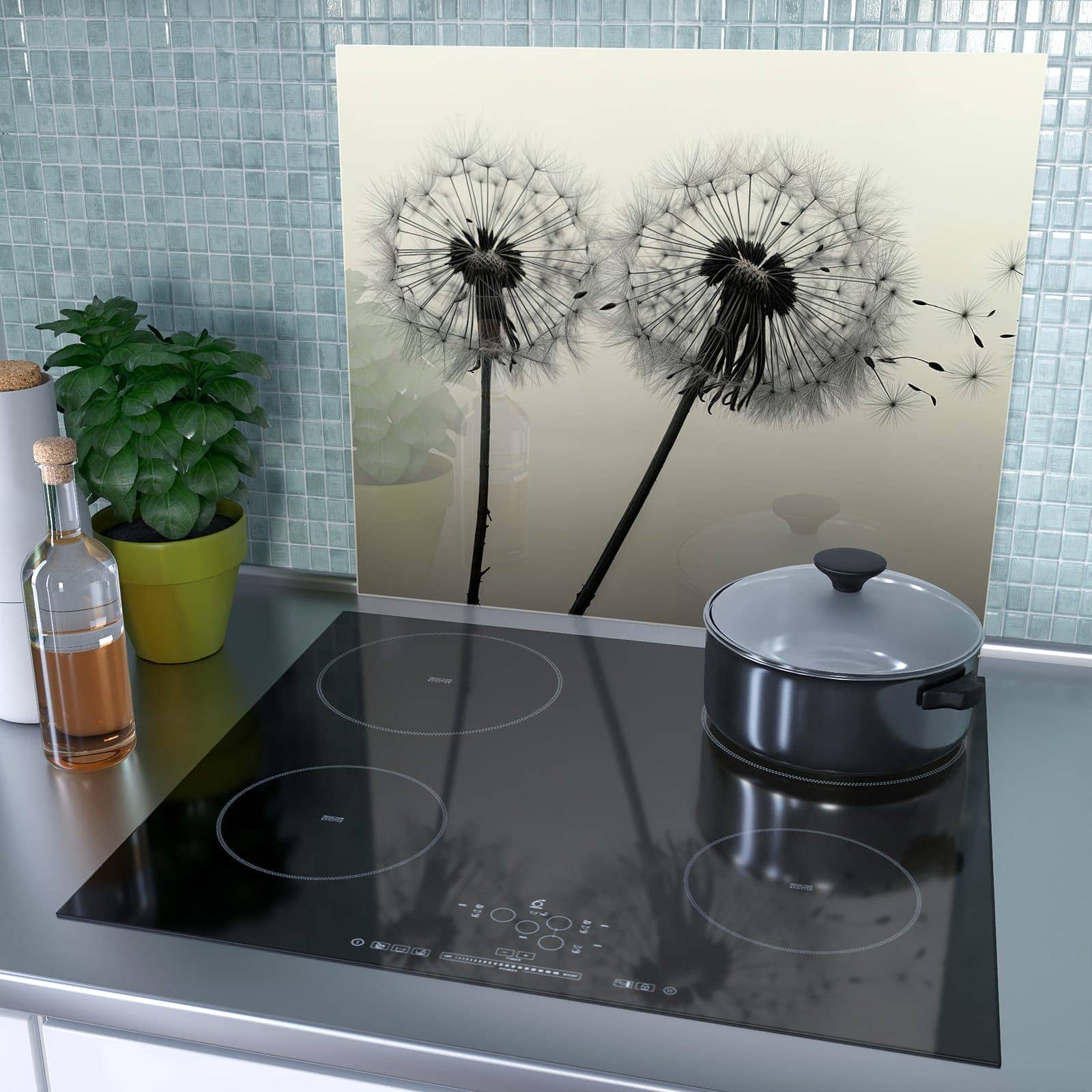 1-teilige Herdabdeckplatten aus Glas mit Pusteblume Schwarz-Motiv als Spritzschutz hinter dem Kochfeld