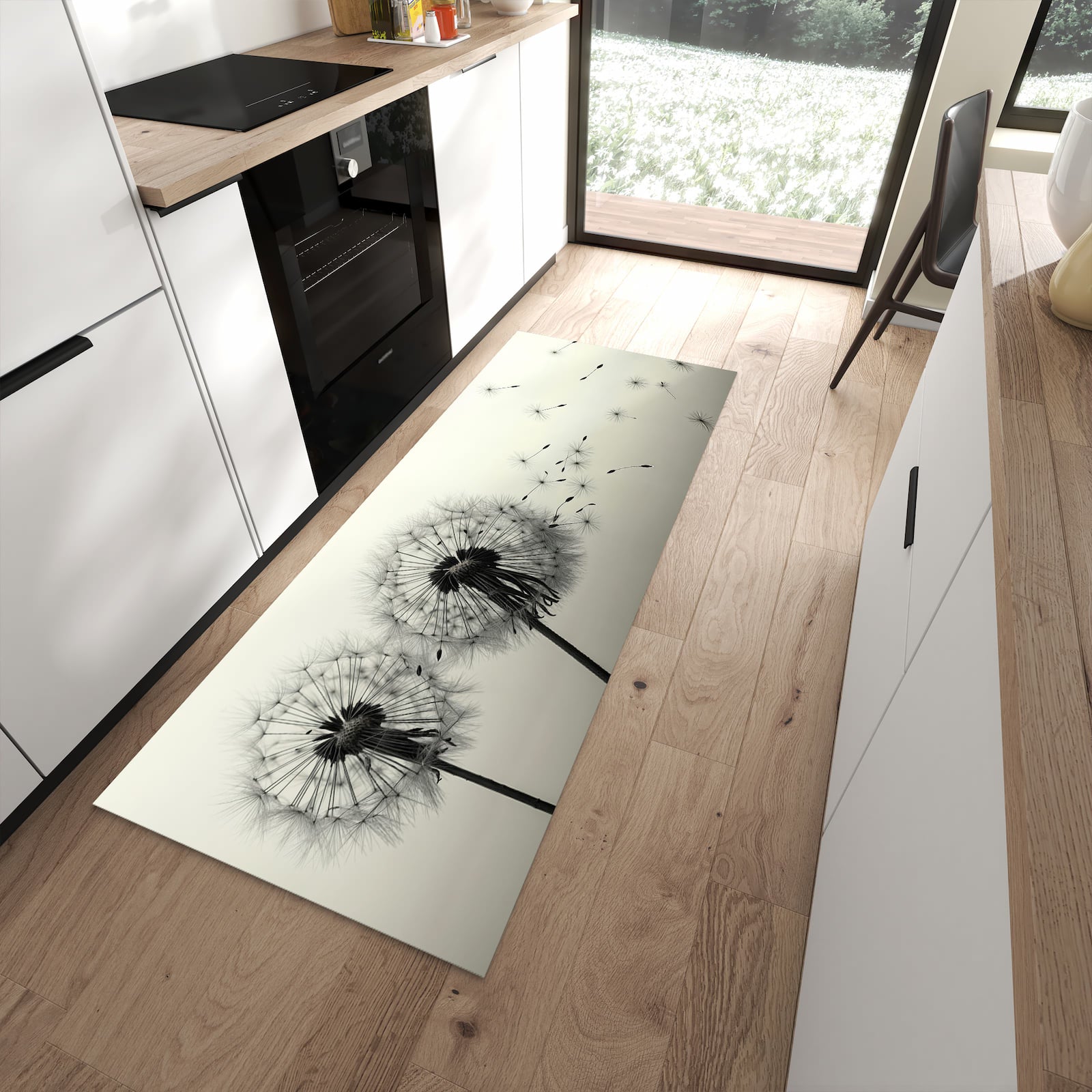 Abriebfester moderner Küchenläufer mit Motiv Pusteblume Schwarz in moderner Küche