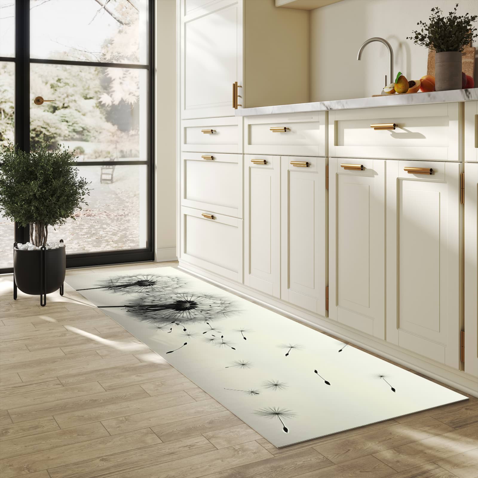 Geruchsneutraler Küchenläufer mit Motiv Pusteblume Schwarz in heller Küche