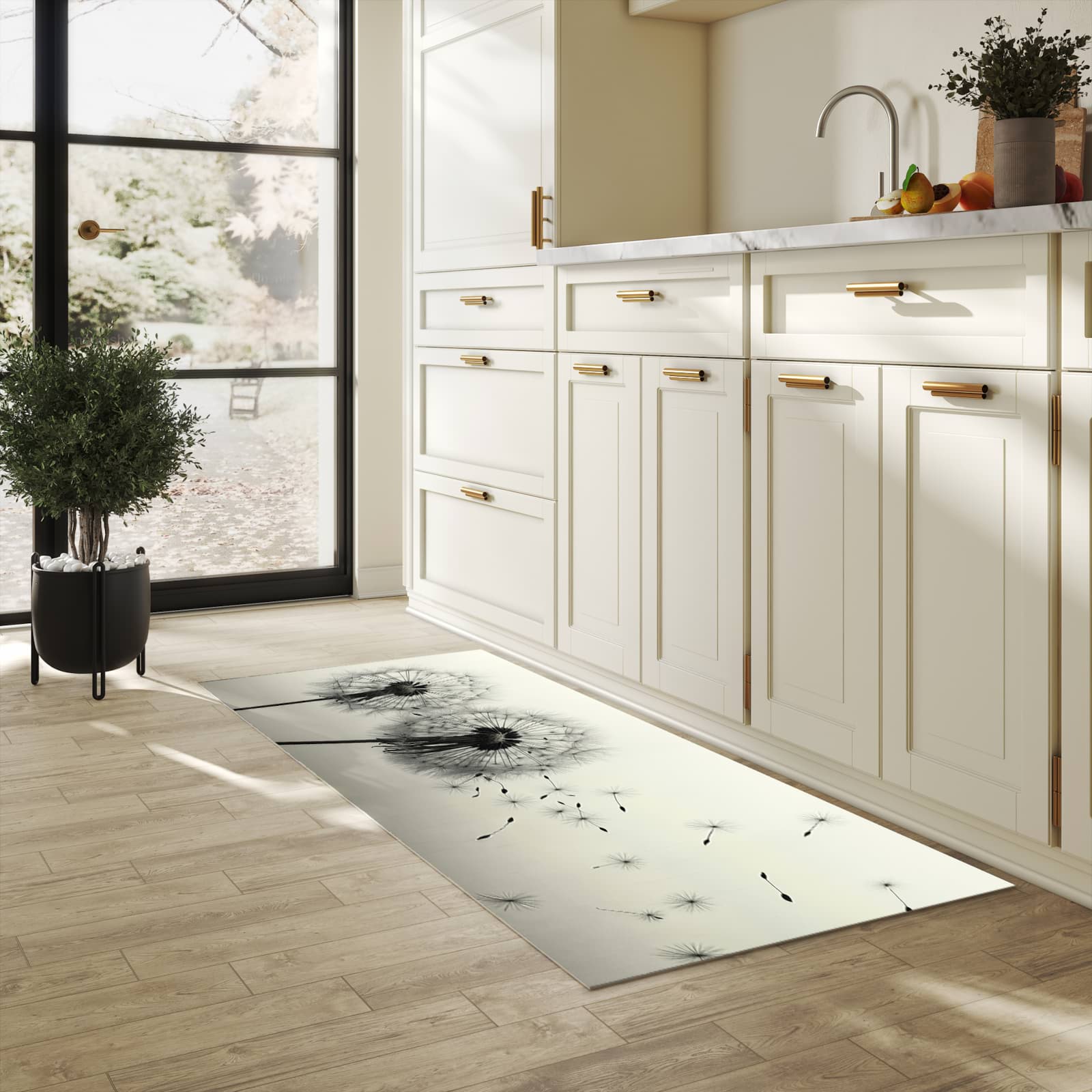 Fleckenresistenter waschbarer Teppich Küche mit Motiv Pusteblume Schwarz in heller Küche