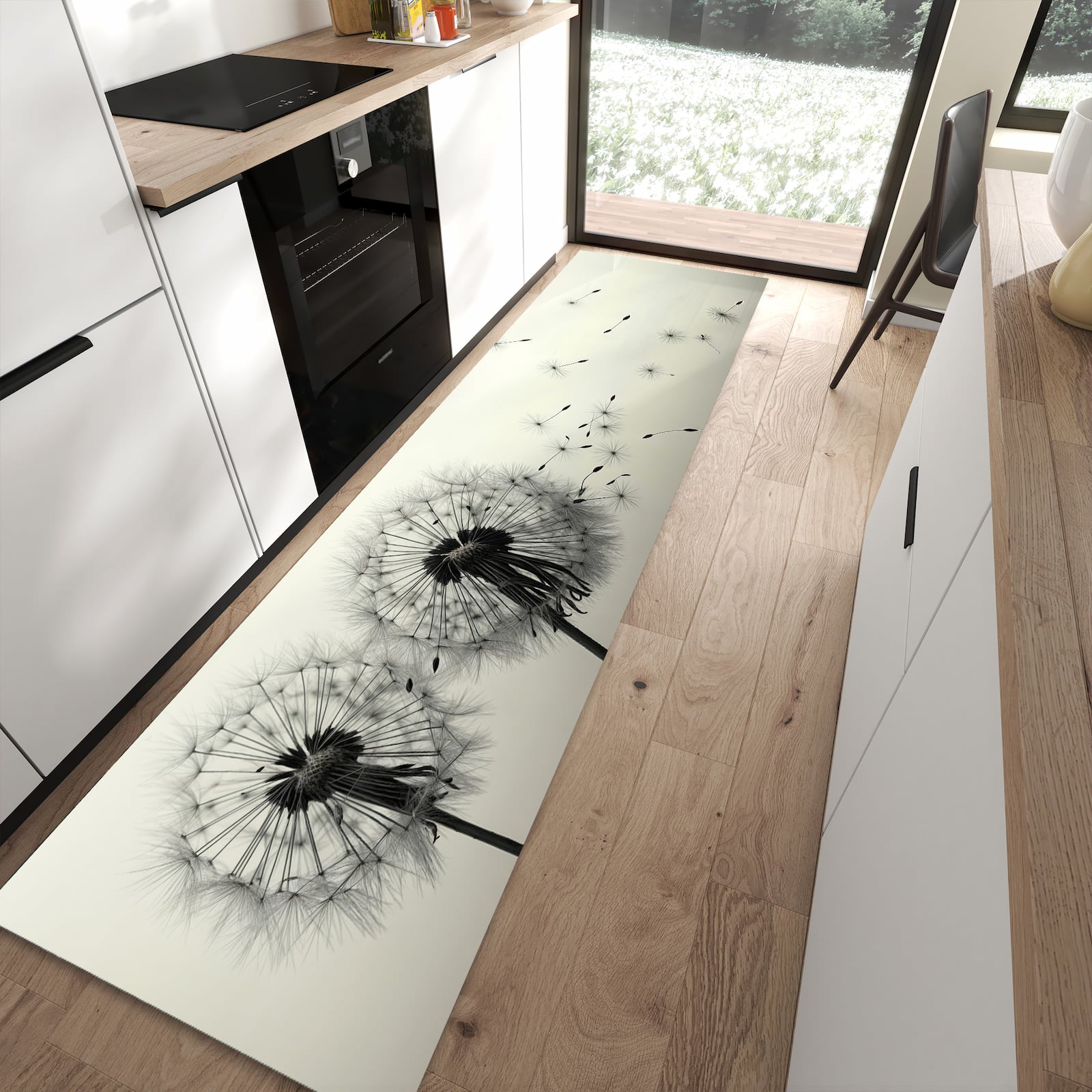 Wasserabweisender Küchenteppich mit Motiv Pusteblume Schwarz in moderner Küche