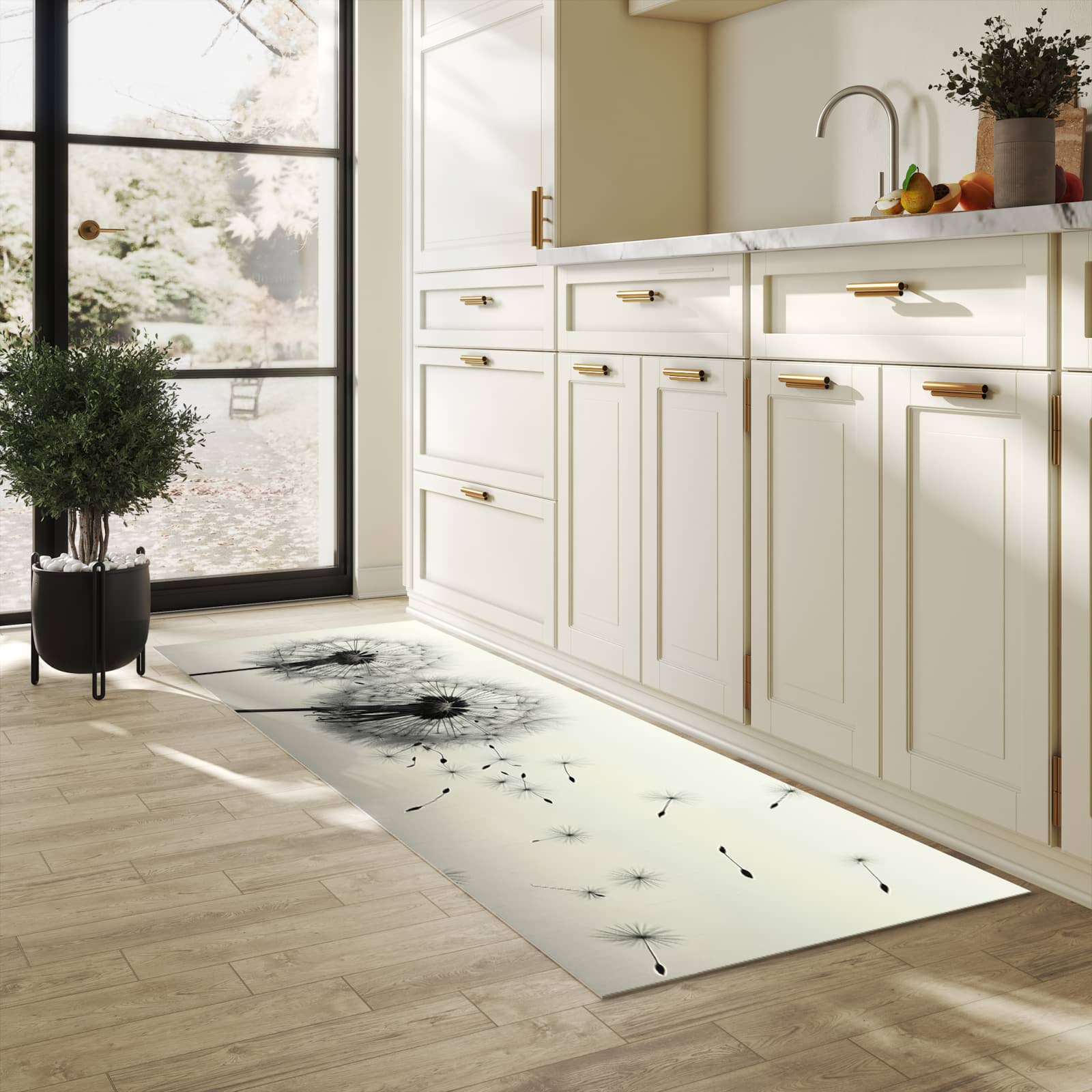 Schmutzabweisender Küchenläufer mit Motiv Pusteblume Schwarz in heller Küche