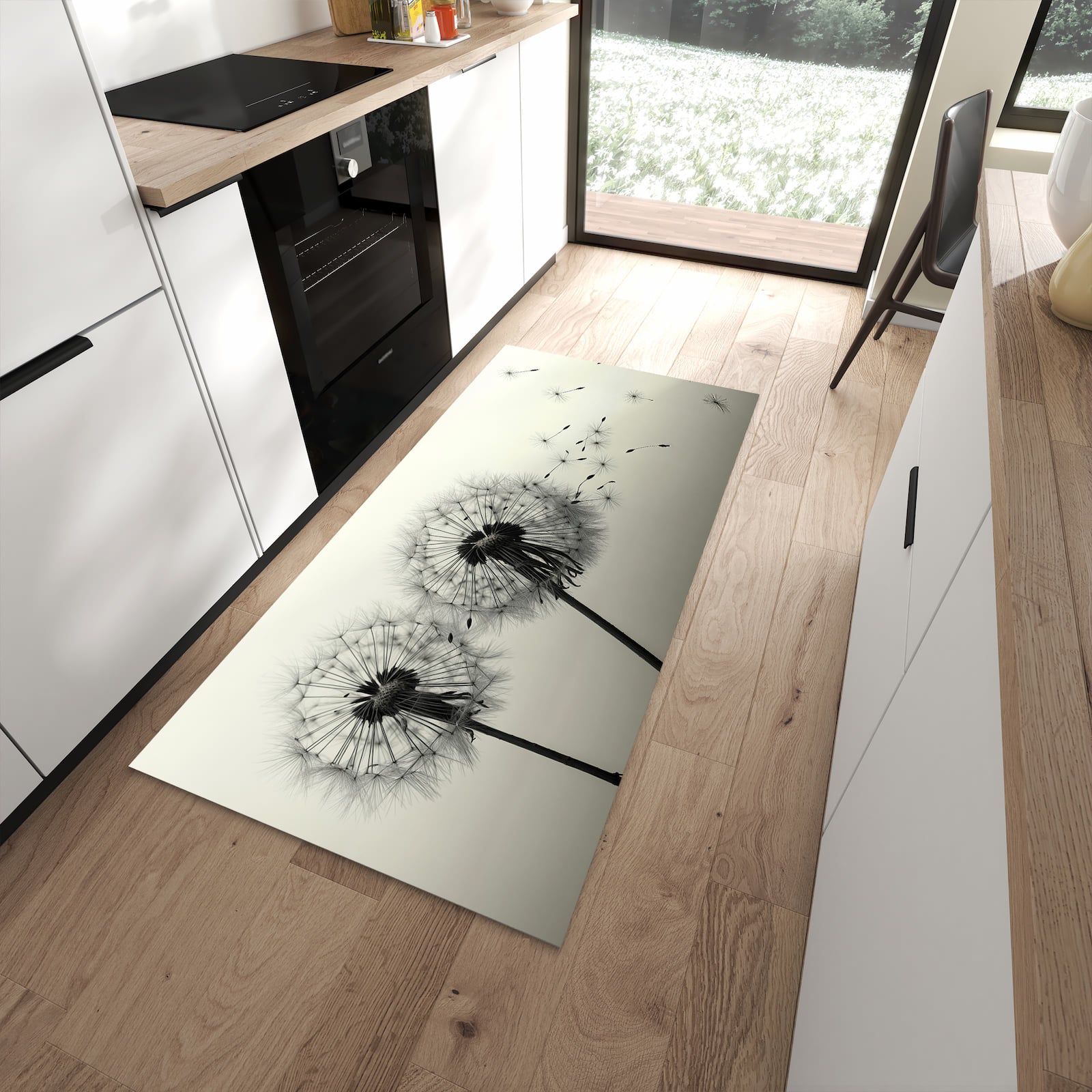 Fleckenresistenter Küchenteppich mit Motiv Pusteblume Schwarz in moderner Küche