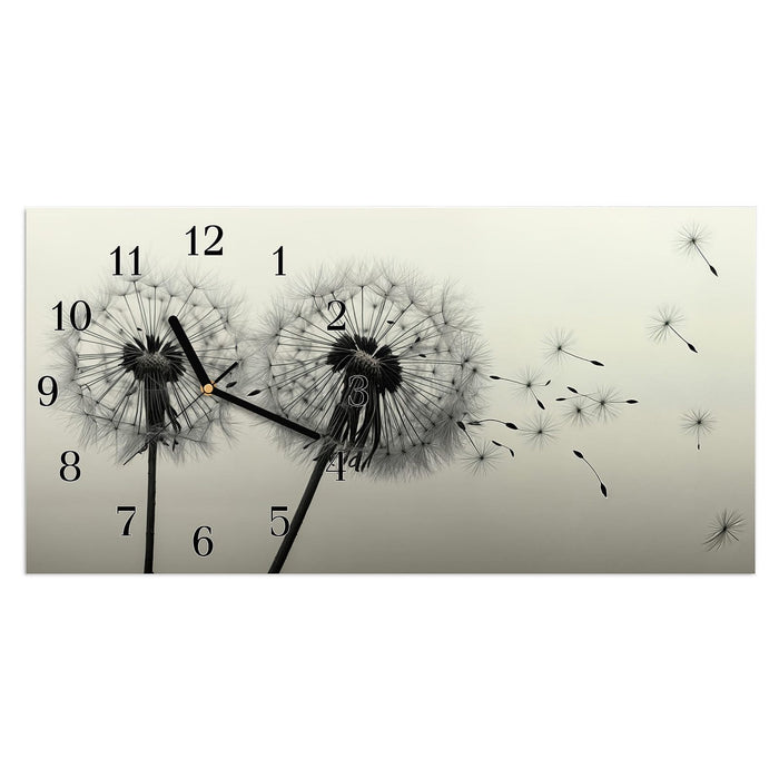 Wanduhr Pusteblume Schwarz aus Glas – Querformat 60 × 30 cm mit Ziffernblatt Klassisch