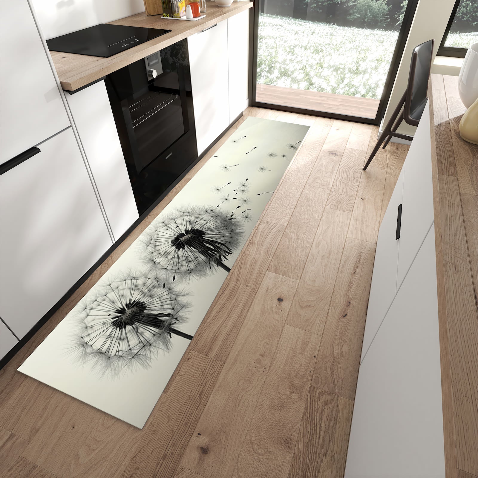 Sicherer Küchenläufer mit Motiv Pusteblume Schwarz in moderner Küche