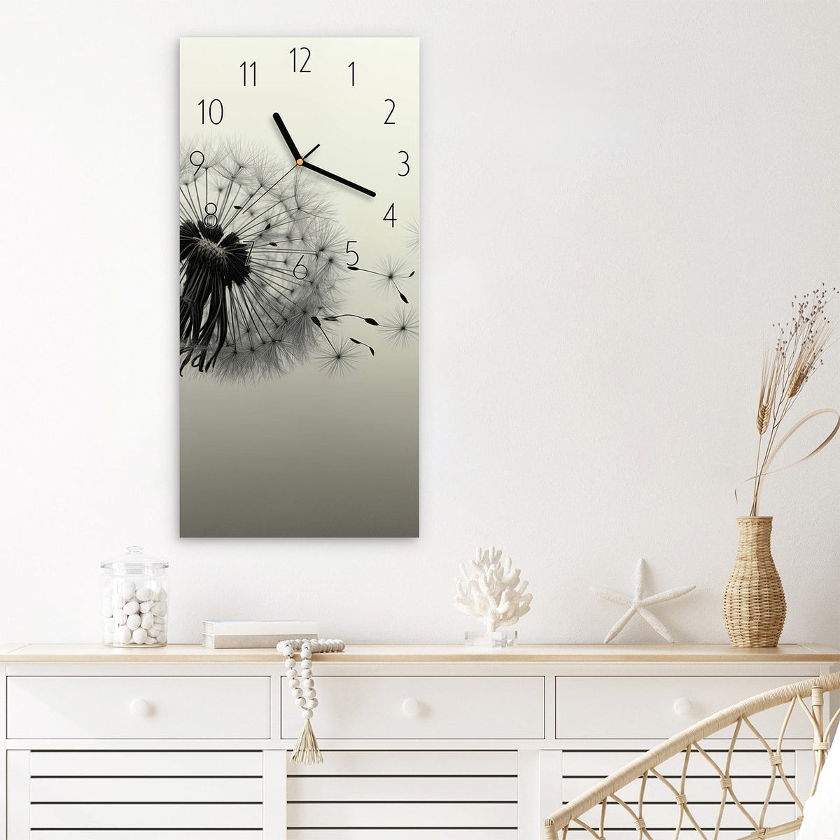 Wanduhr Pusteblume Schwarz aus Glas – Hochformat 30 × 60 cm – Zwei Pusteblumen im Wind
