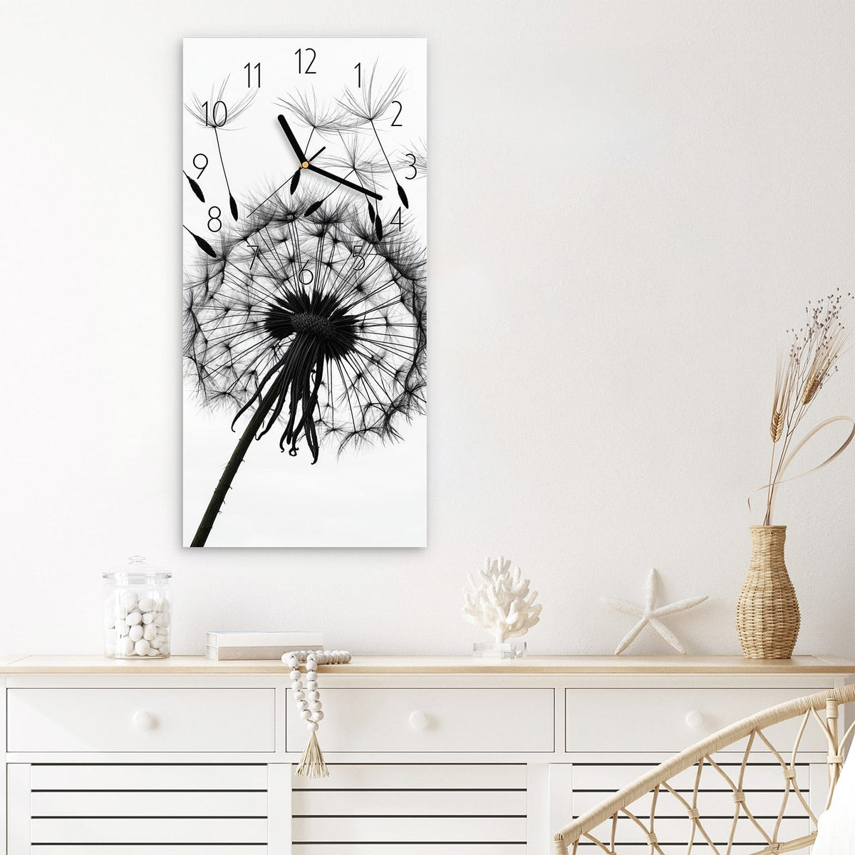 Wanduhr Pusteblumen aus Glas – Pusteblumen in Schwarz-Weiß