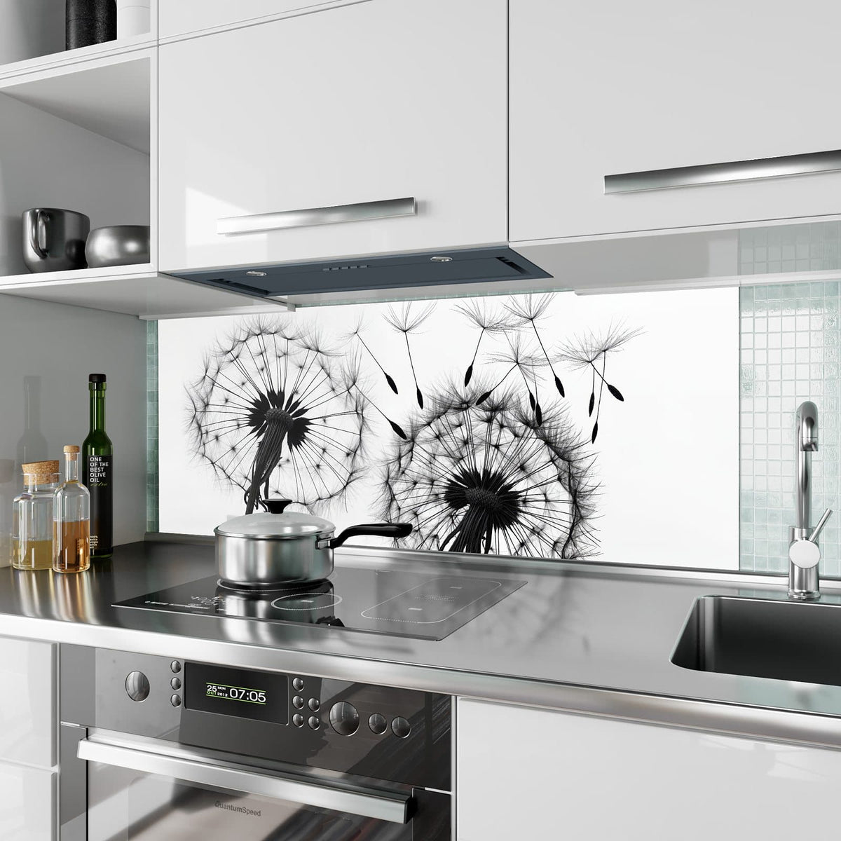 Küchenrückwand aus Glas Pusteblumen in Grau im Hochformat als Spritzschutz hinter dem Kochfeld, über dem Fliesenspiegel montiert