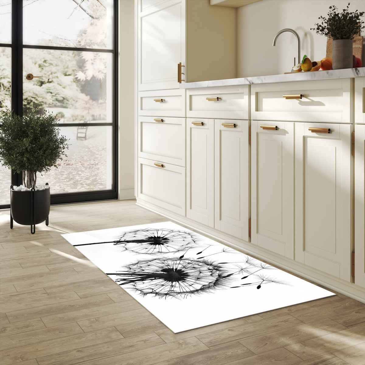 Hygienischer Küchenteppich mit Motiv Pusteblumen in heller Küche