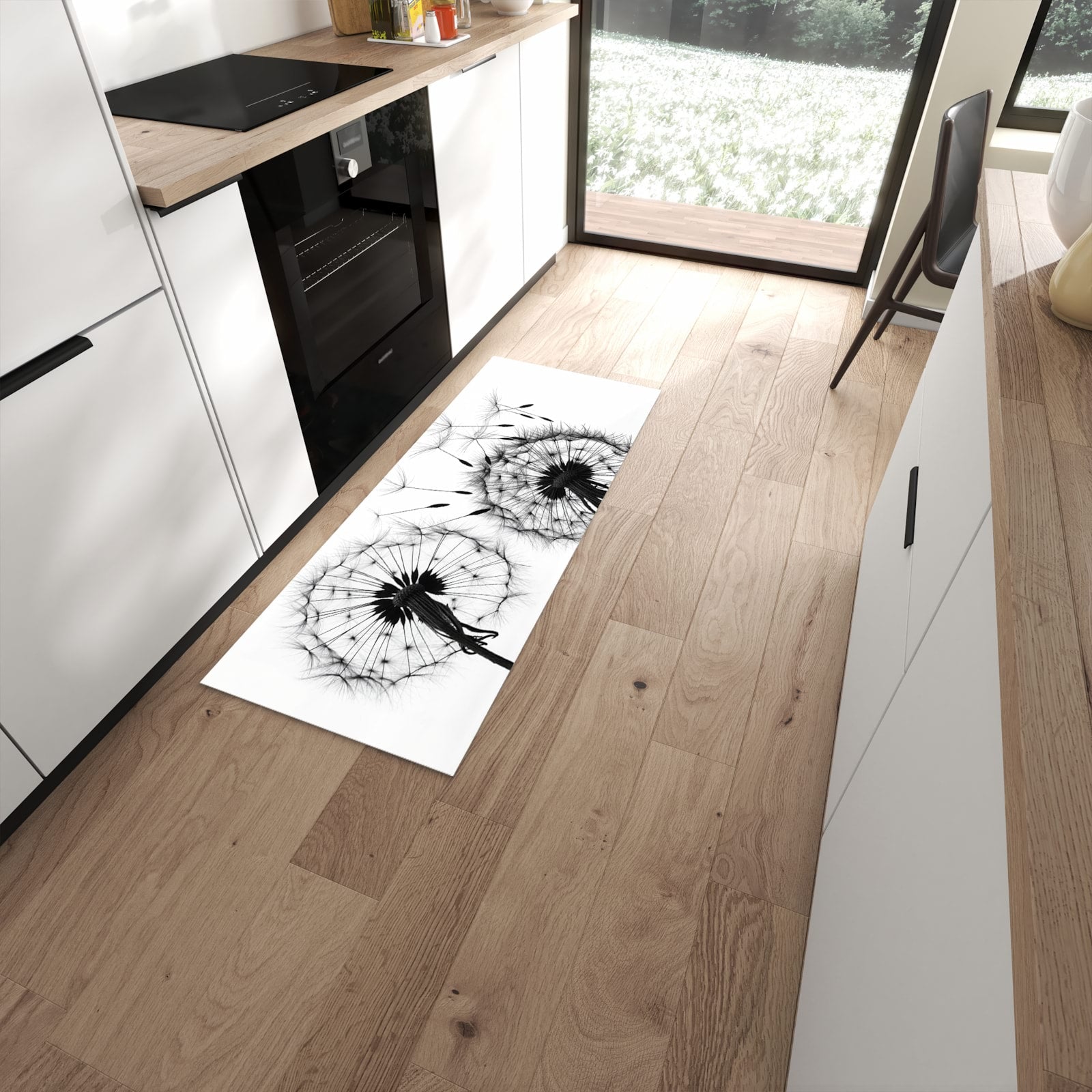 Pflegeleichter Küchenteppich mit Motiv Pusteblumen in moderner Küche #grösse_60 x 150 cm