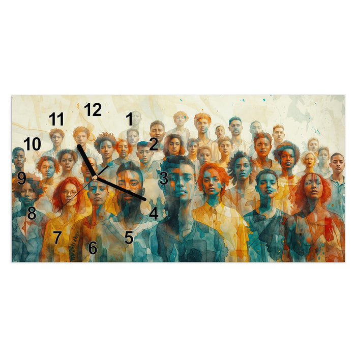 Wanduhr Gesichtervielfalt aus Glas – Querformat 60 × 30 cm mit Ziffernblatt Modern