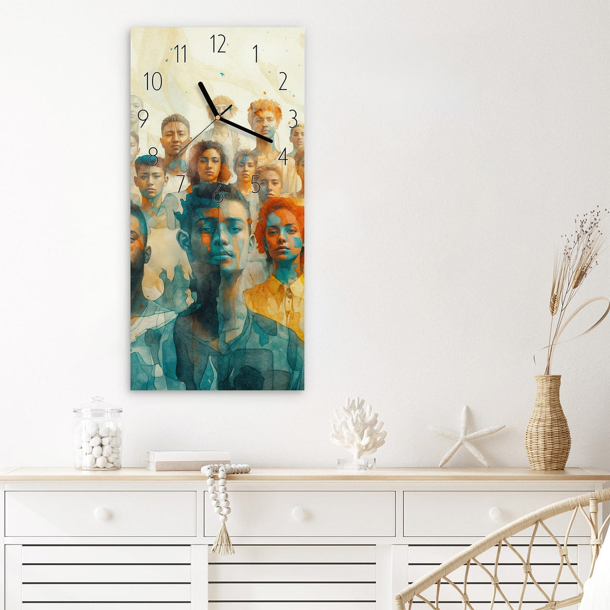 Wanduhr Gesichtervielfalt aus Glas – Gruppe von Menschen in Aquarelloptik